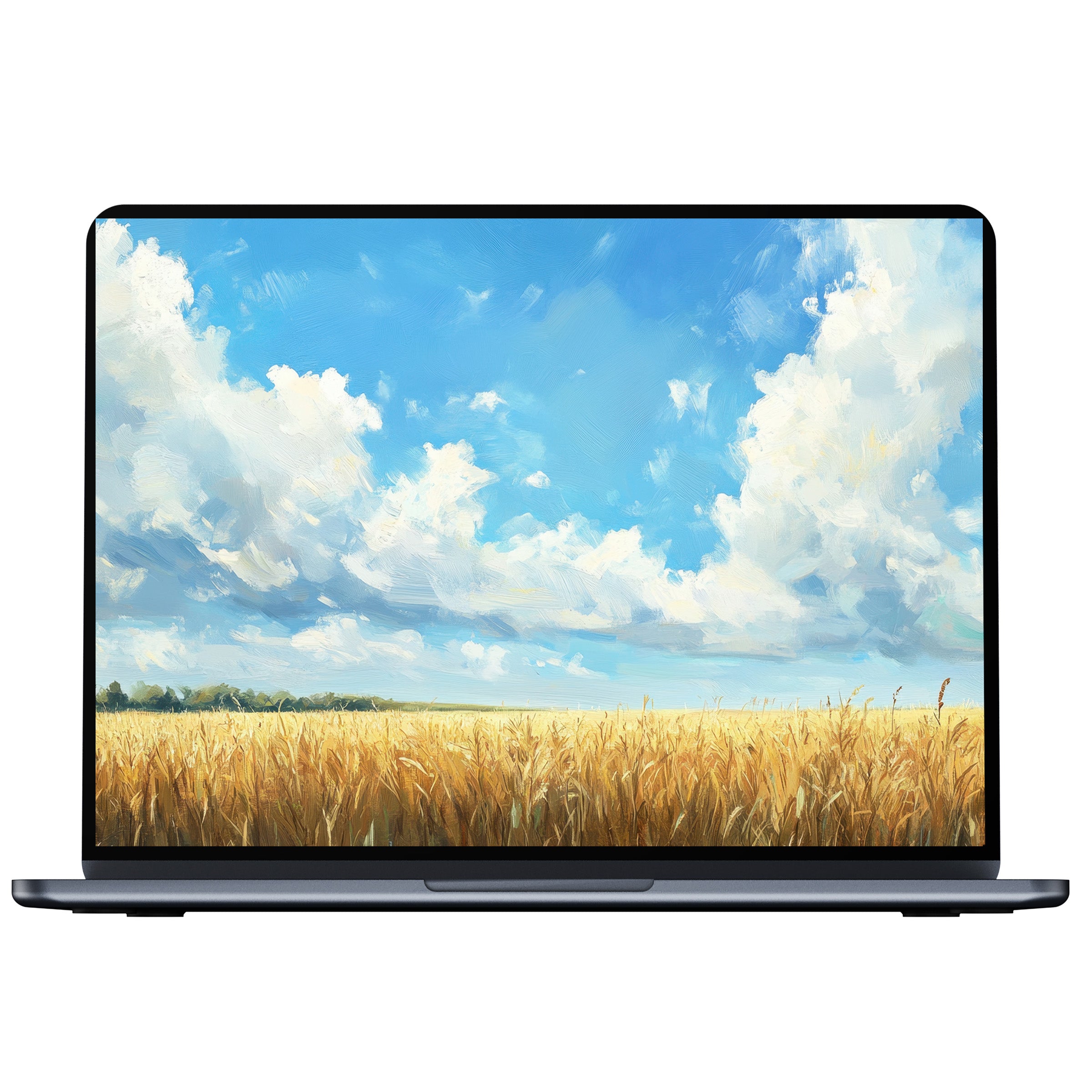 Vibrant farmhouse desktop wallpaper featuring golden wheat fields under a bright blue sky for PC and laptop digital download