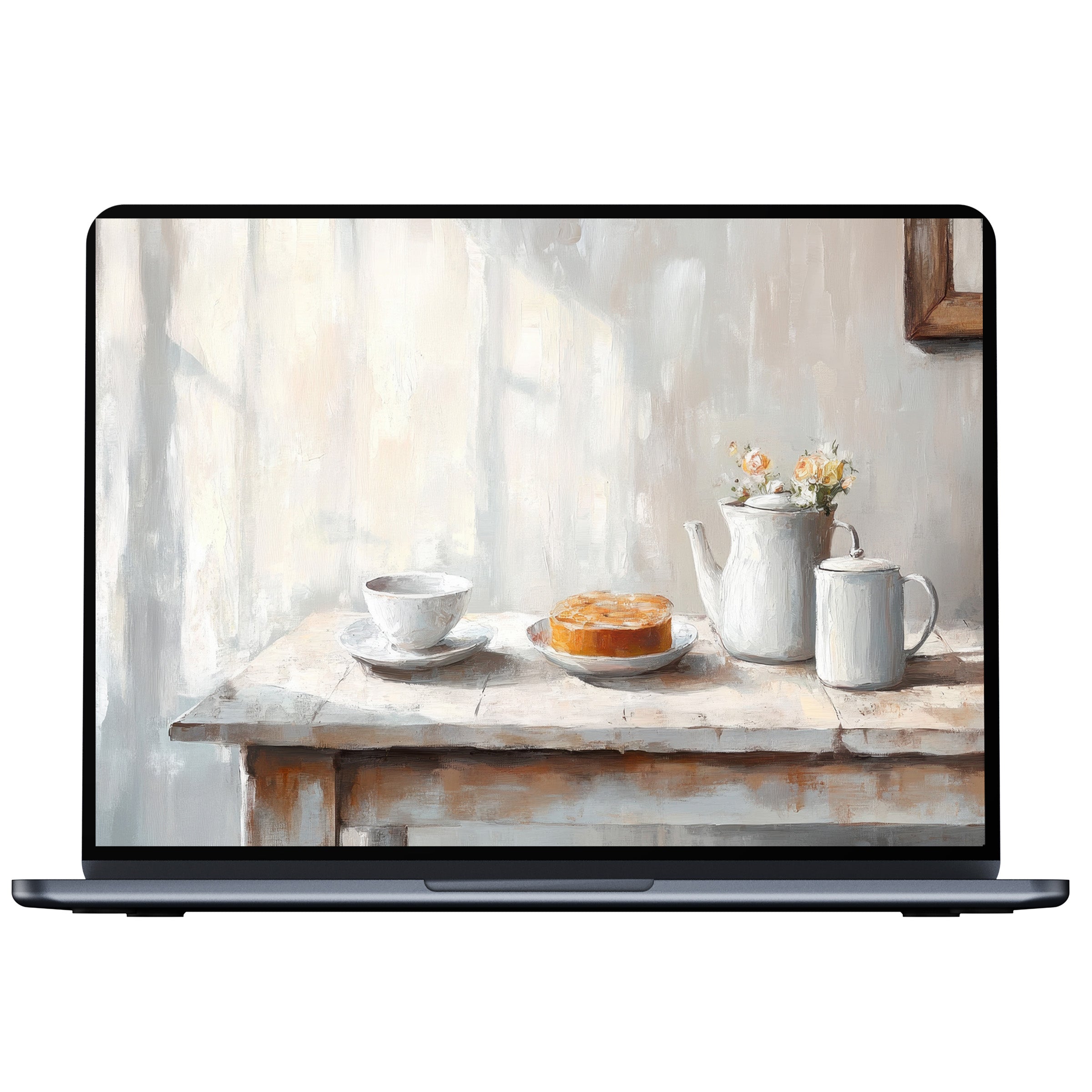 Farmhouse desktop wallpaper digital download for PC and laptop shows a serene still life with muted colors offering calm elegance