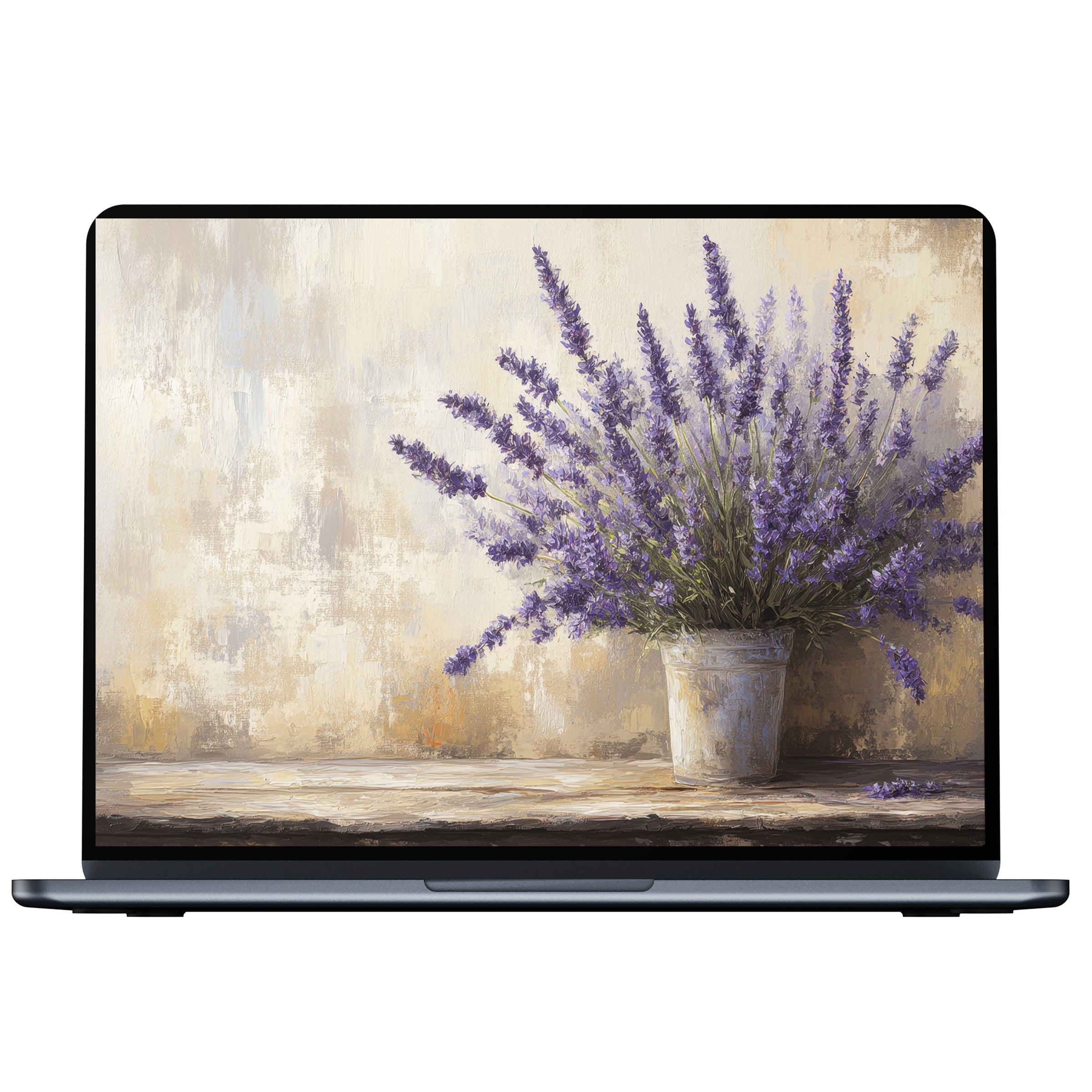 Farmhouse desktop wallpaper digital download featuring calming lavender in a rustic pot ideal for PC, laptop, and Mac aesthetics