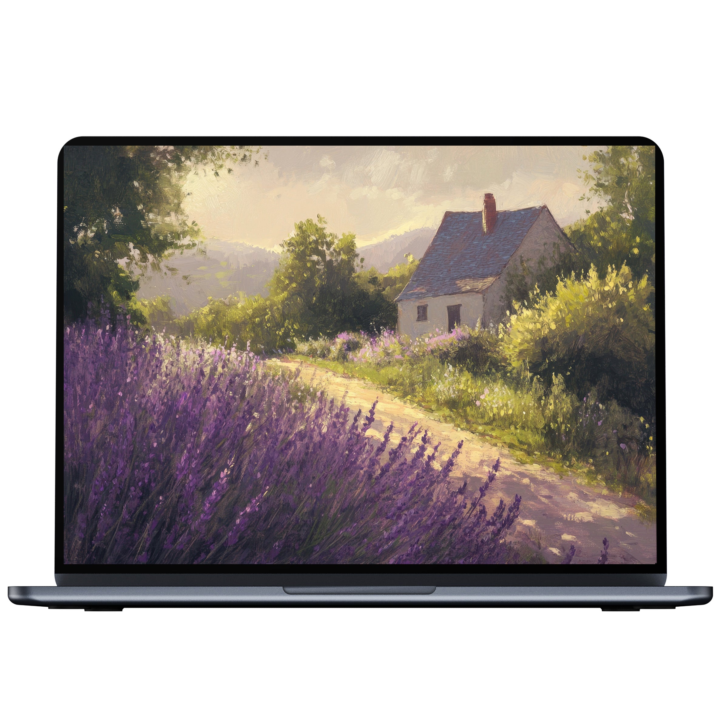 Farmhouse desktop wallpaper digital download with lavender fields and cottage in soft light, perfect for PC, laptop, and Mac