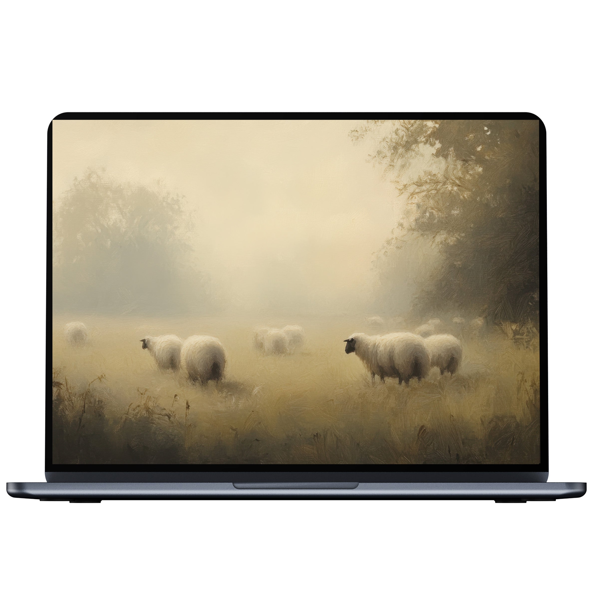Farmhouse desktop wallpaper with serene sheep in a misty field, perfect digital download for elegant PC or laptop design