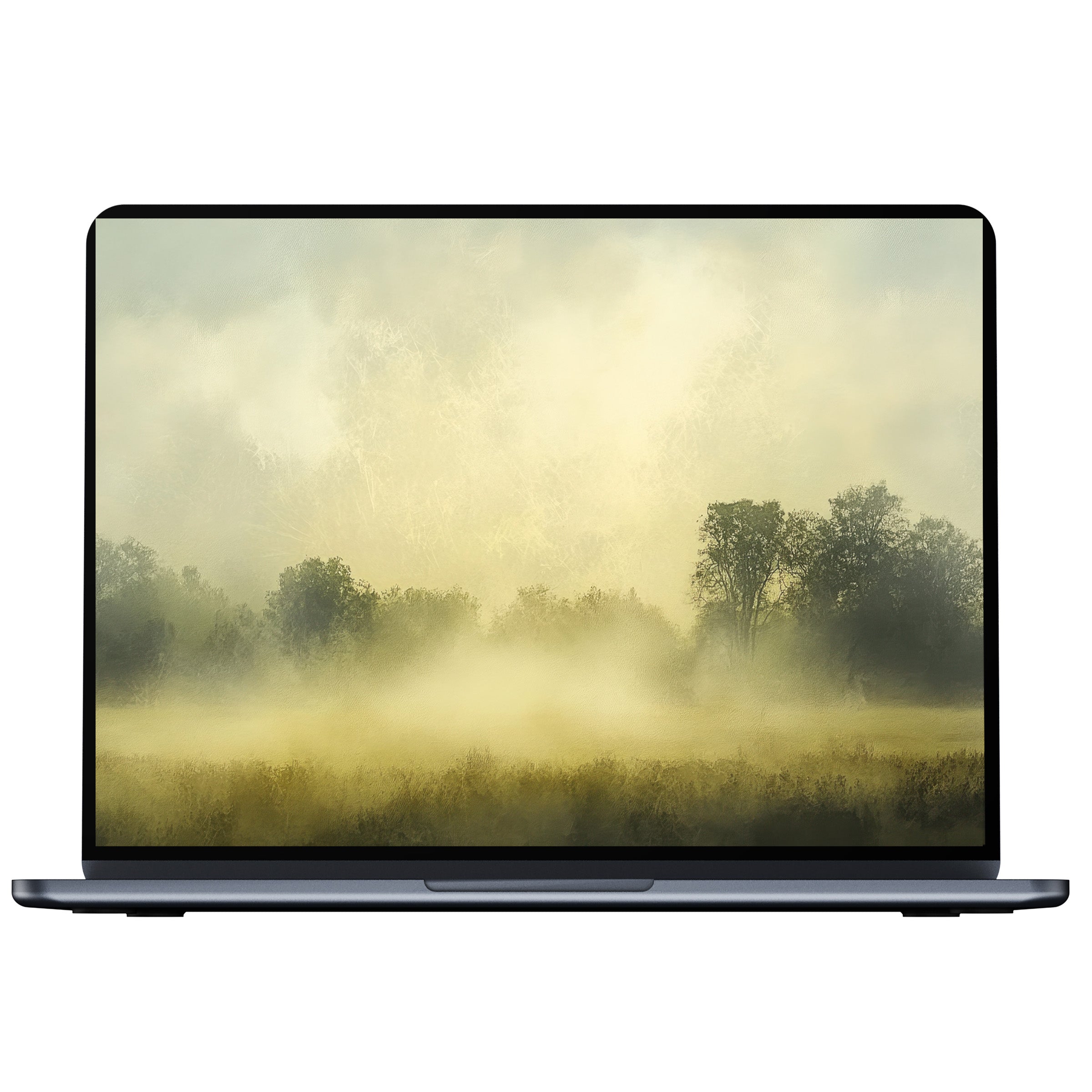 Elegant farmhouse desktop wallpaper digital download featuring serene foggy morning landscape, perfect for PC and laptop screens