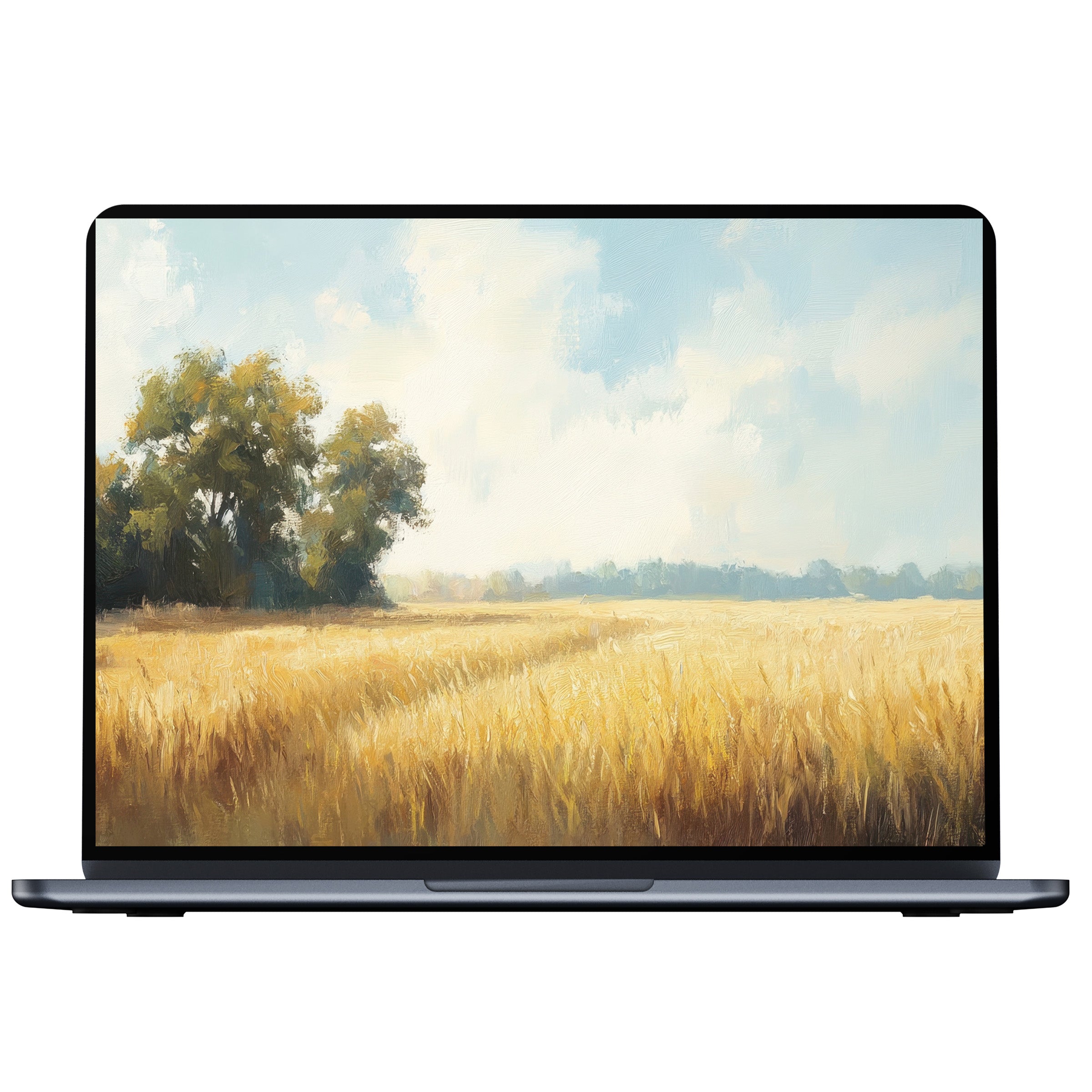 Farmhouse desktop wallpaper digital download showcasing elegant fields and trees in soft pastels for PC or laptop tranquility