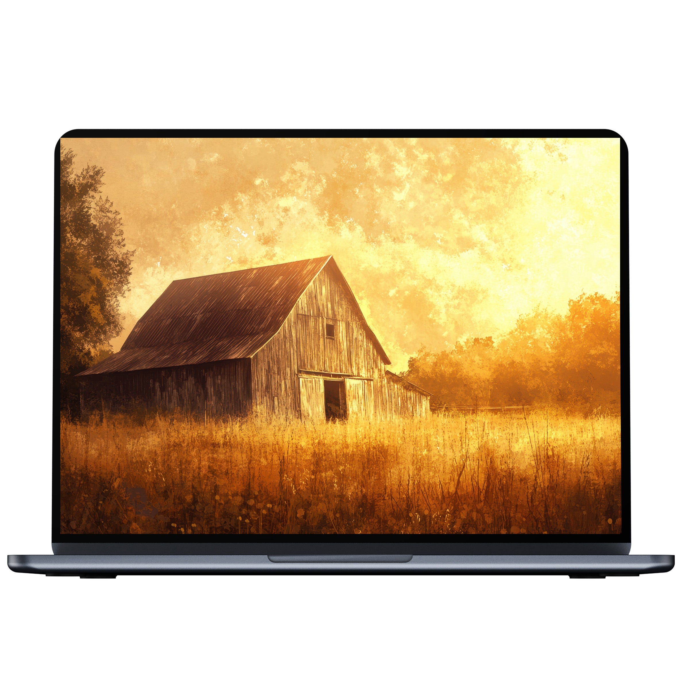 Farmhouse desktop wallpaper digital download with rustic barn in golden sunset perfect for PC or laptop inspiring elegance and calm