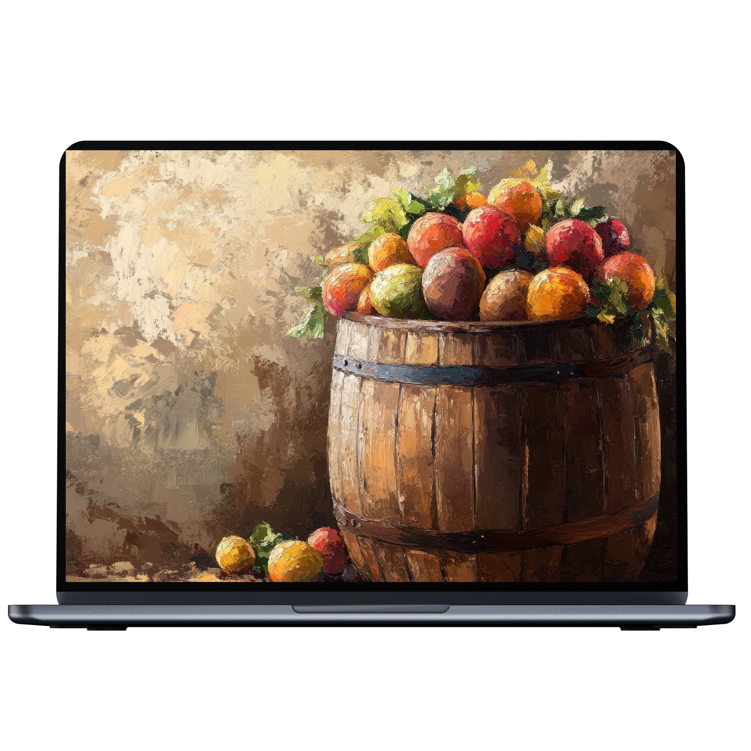 Farmhouse desktop wallpaper digital download features rustic barrel of apples painting for elegant calm PC and laptop decor