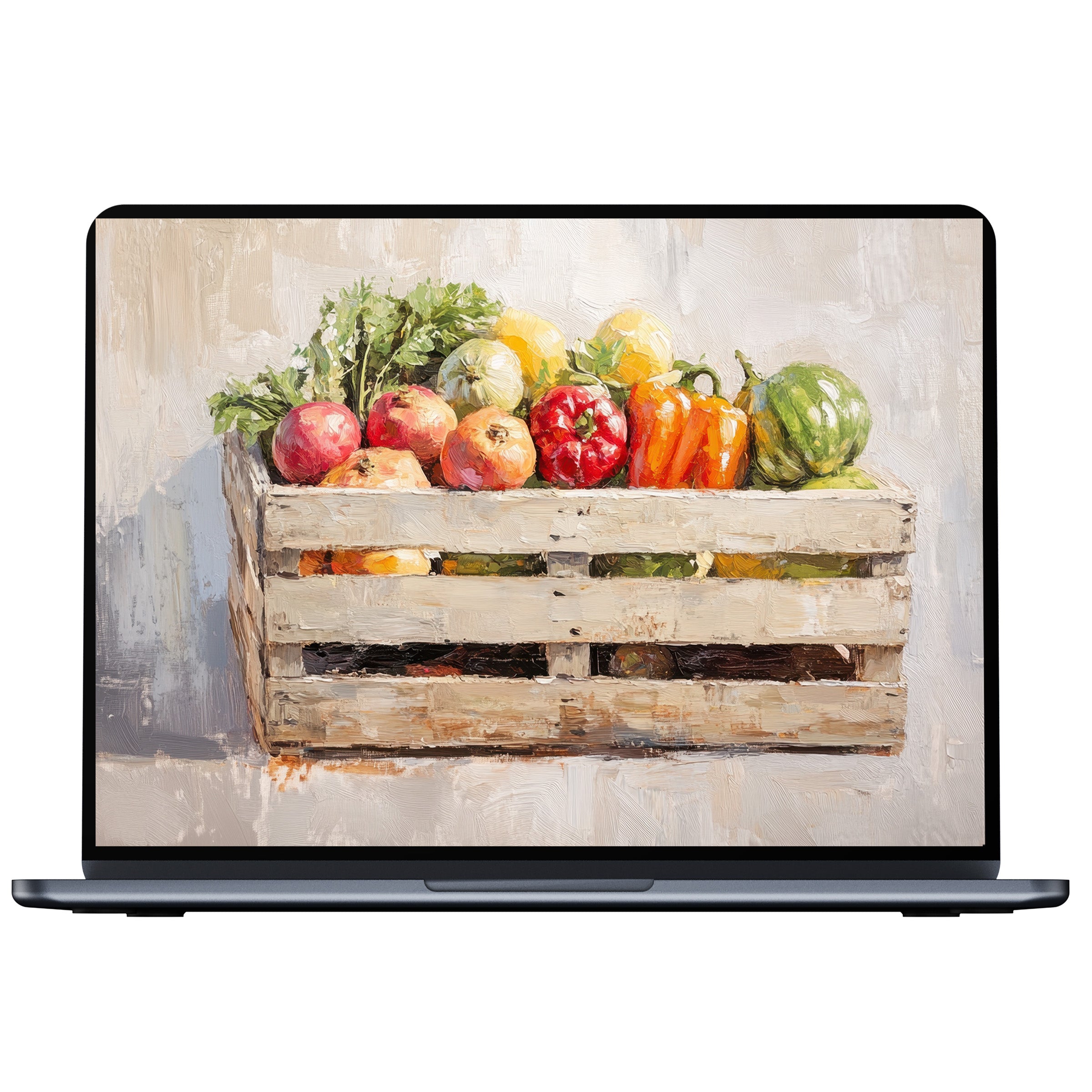 Farmhouse desktop wallpaper featuring a rustic crate filled with vibrant vegetables, perfect for PC or laptop digital download users seeking peace and elegance