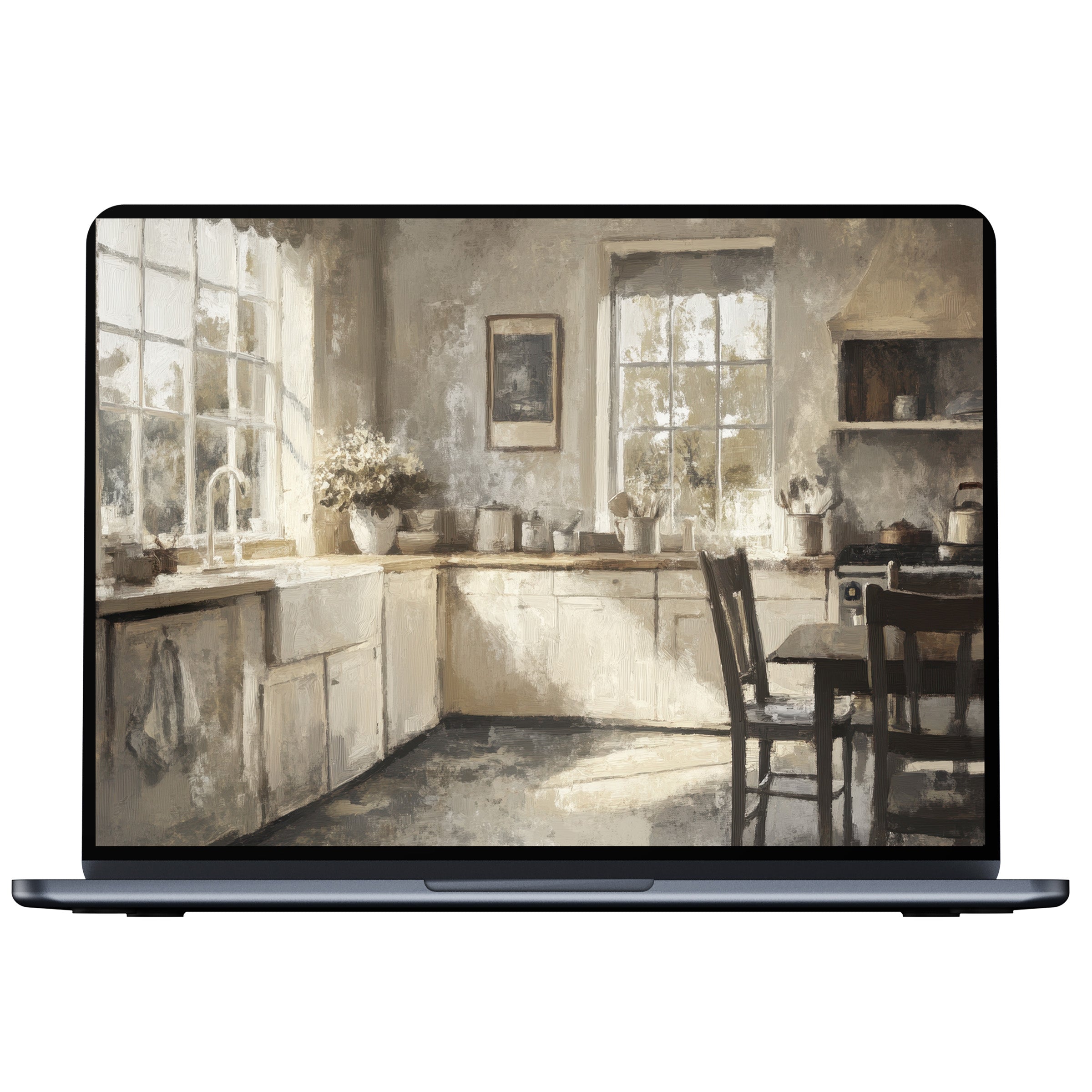 Farmhouse desktop wallpaper digital download features serene kitchen scene in soft pastels adding calm elegance to any PC or laptop