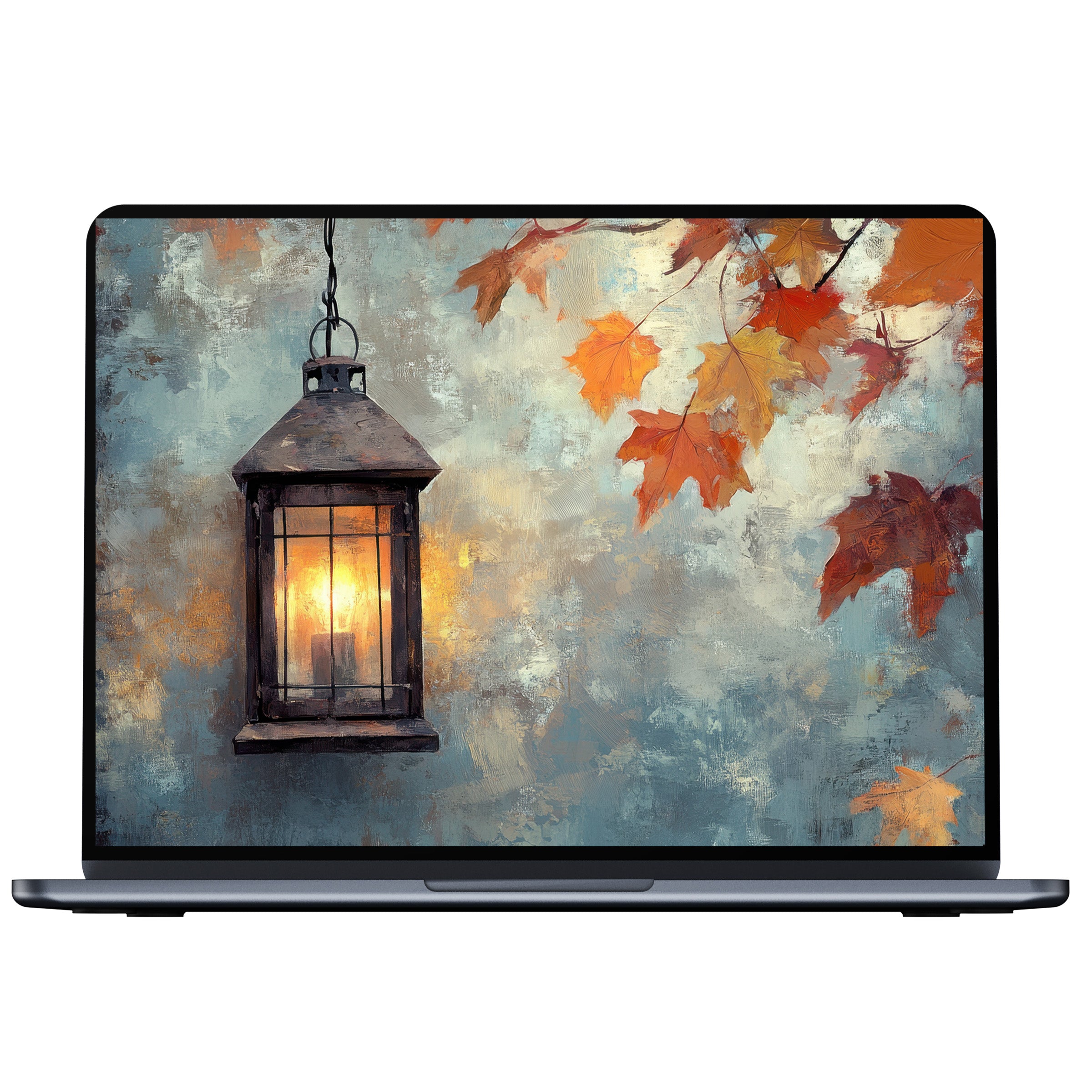 Farmhouse desktop wallpaper featuring a glowing lantern and autumn leaves in a tranquil palette enhances PC or laptop aesthetics digital download
