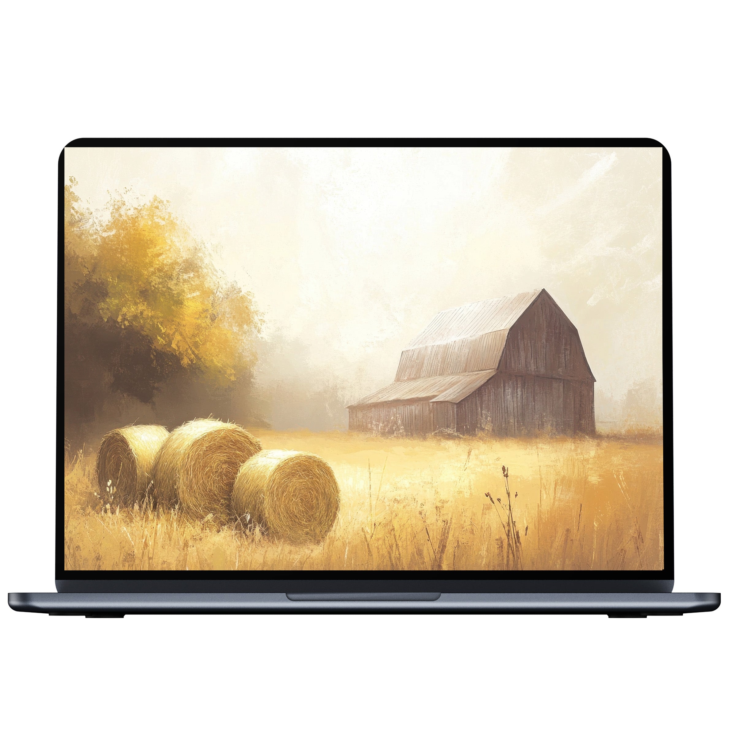 Farmhouse desktop wallpaper digital download features a serene barn with hay bales in soft earthy tones perfect for PC or laptop