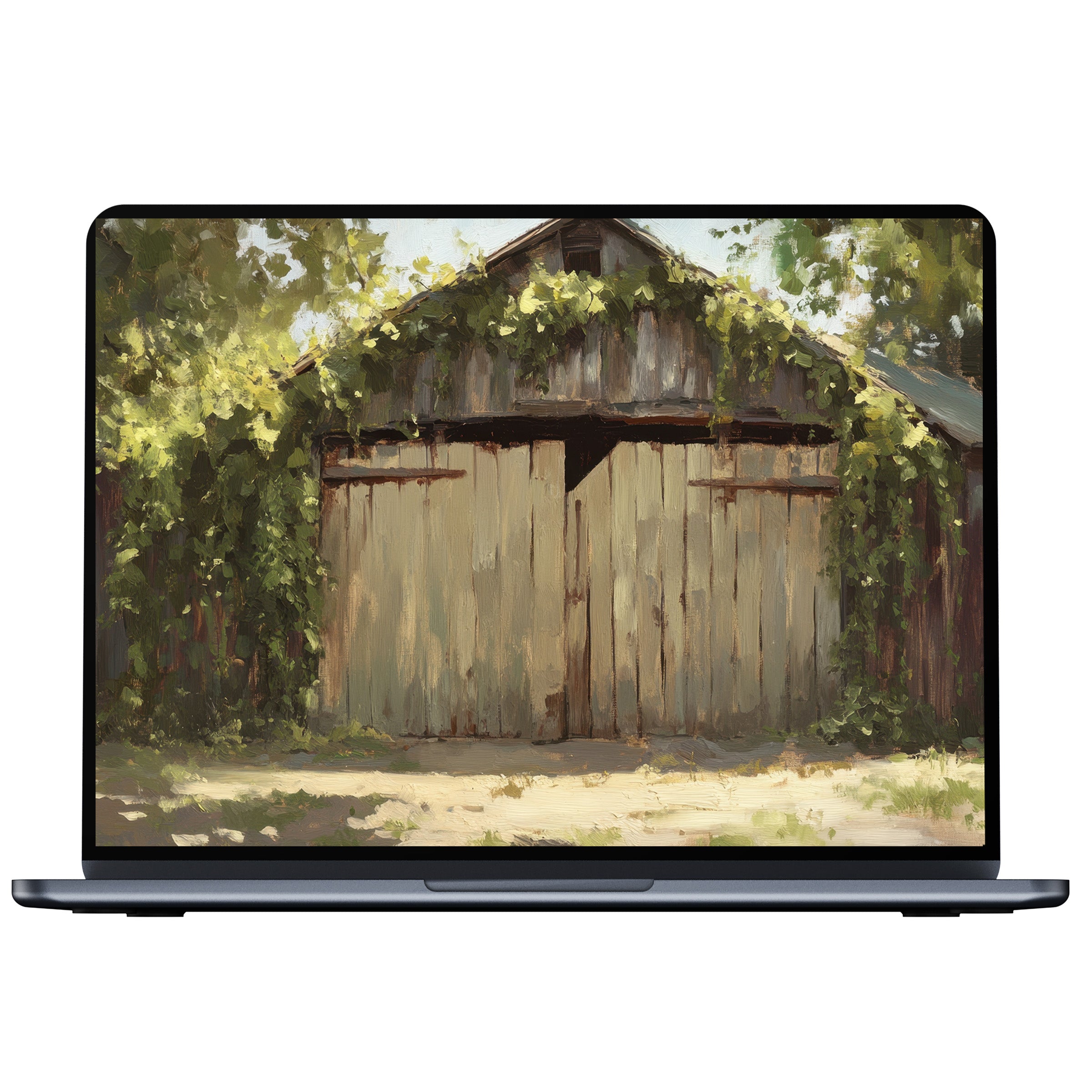 Farmhouse desktop wallpaper digital download features rustic barn with sunlit vines in a serene palette for PC or laptop screens