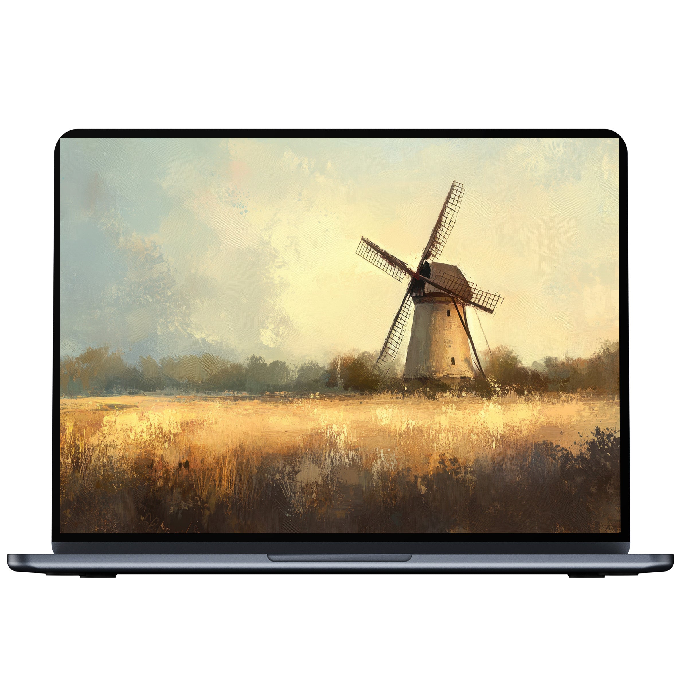 Farmhouse desktop wallpaper download captures a serene landscape with a windmill in soft pastels perfect for PC, Laptop, or Mac