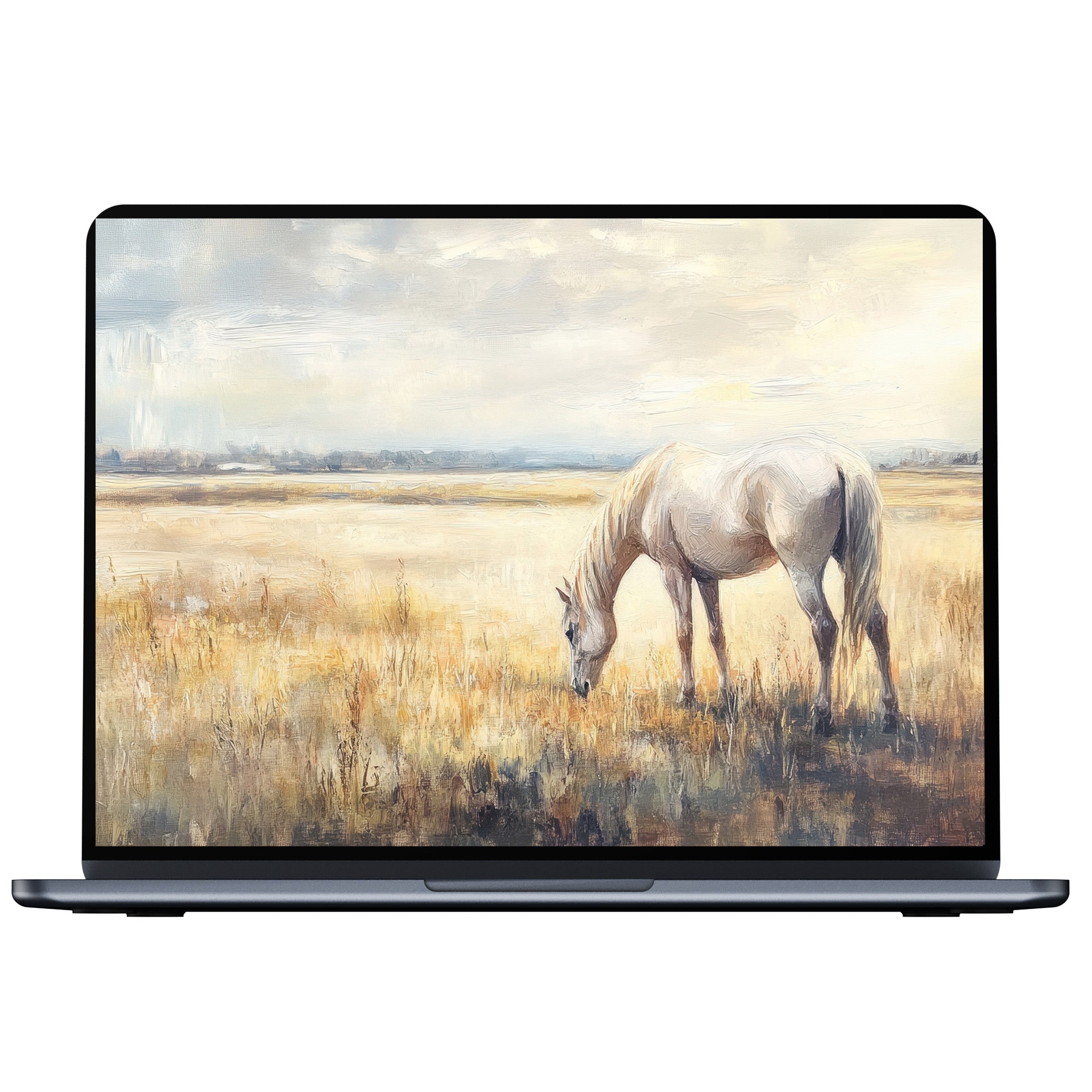 Elegant farmhouse desktop wallpaper featuring a serene white horse in golden fields digital download for PC and laptop inspiration