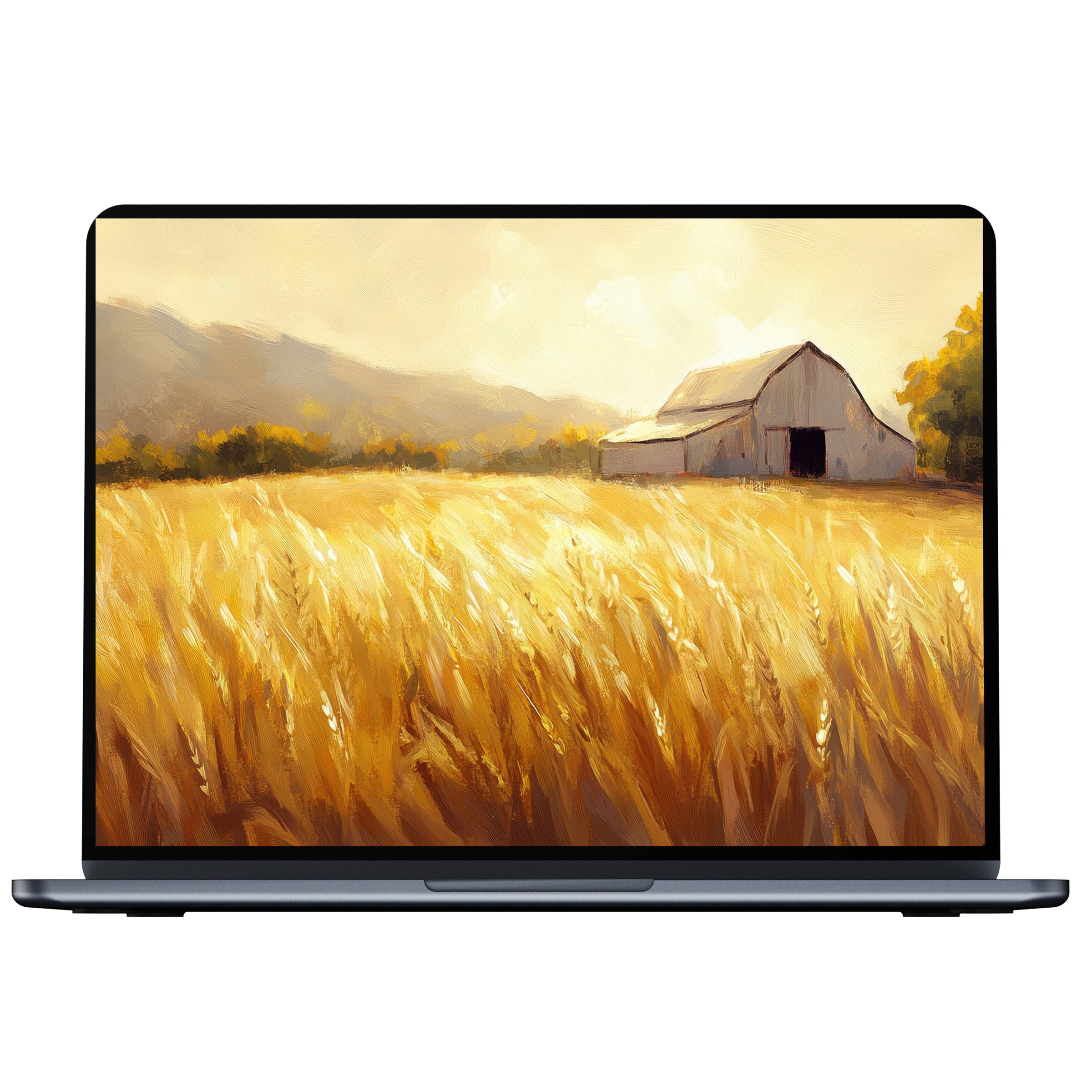 Farmhouse desktop wallpaper featuring golden wheat field and barn offers serene elegance for PC and laptop digital download tranquility