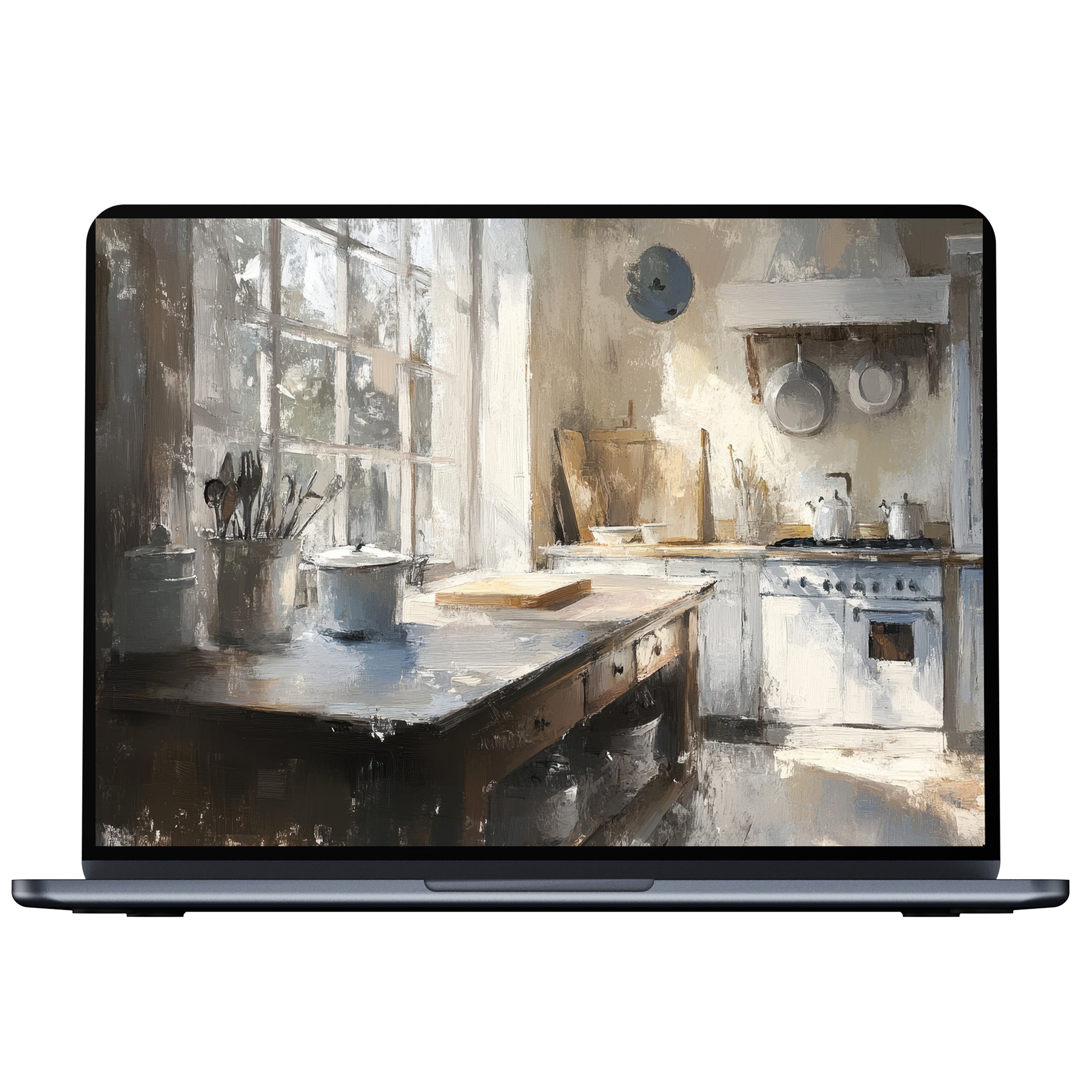 Farmhouse desktop wallpaper digital download showcases a rustic kitchen in soft hues perfect for PC, laptop, and Mac bringing elegance and calm