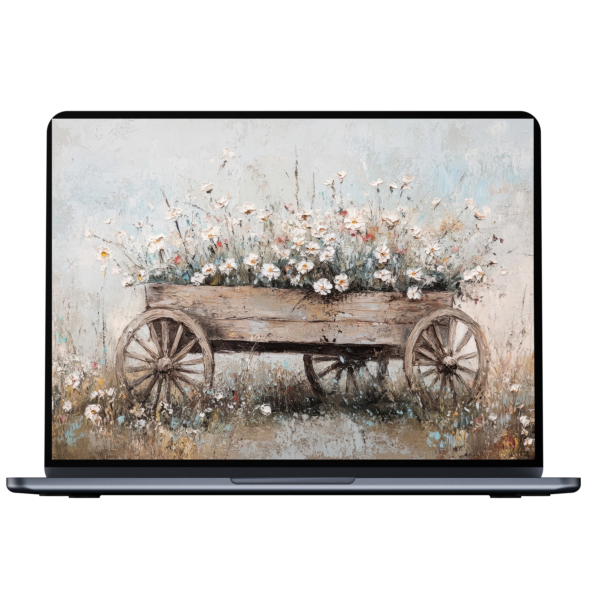Farmhouse desktop wallpaper showcasing a rustic flower cart painting evokes calm and elegance, perfect digital download for PC, Laptop, Mac
