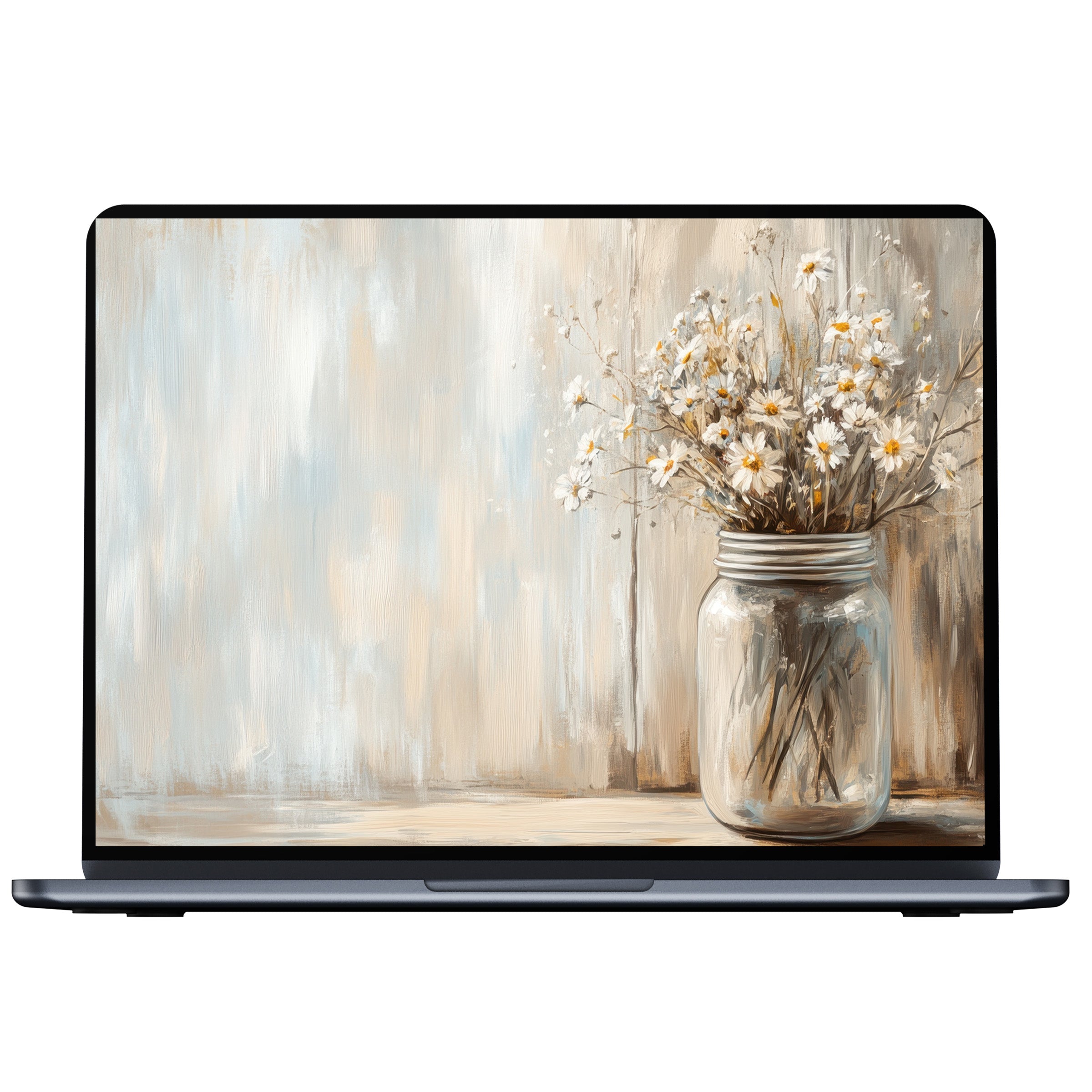 Farmhouse desktop wallpaper digital download featuring delicate daisies in a jar against a soft pastel backdrop fits PC and laptop
