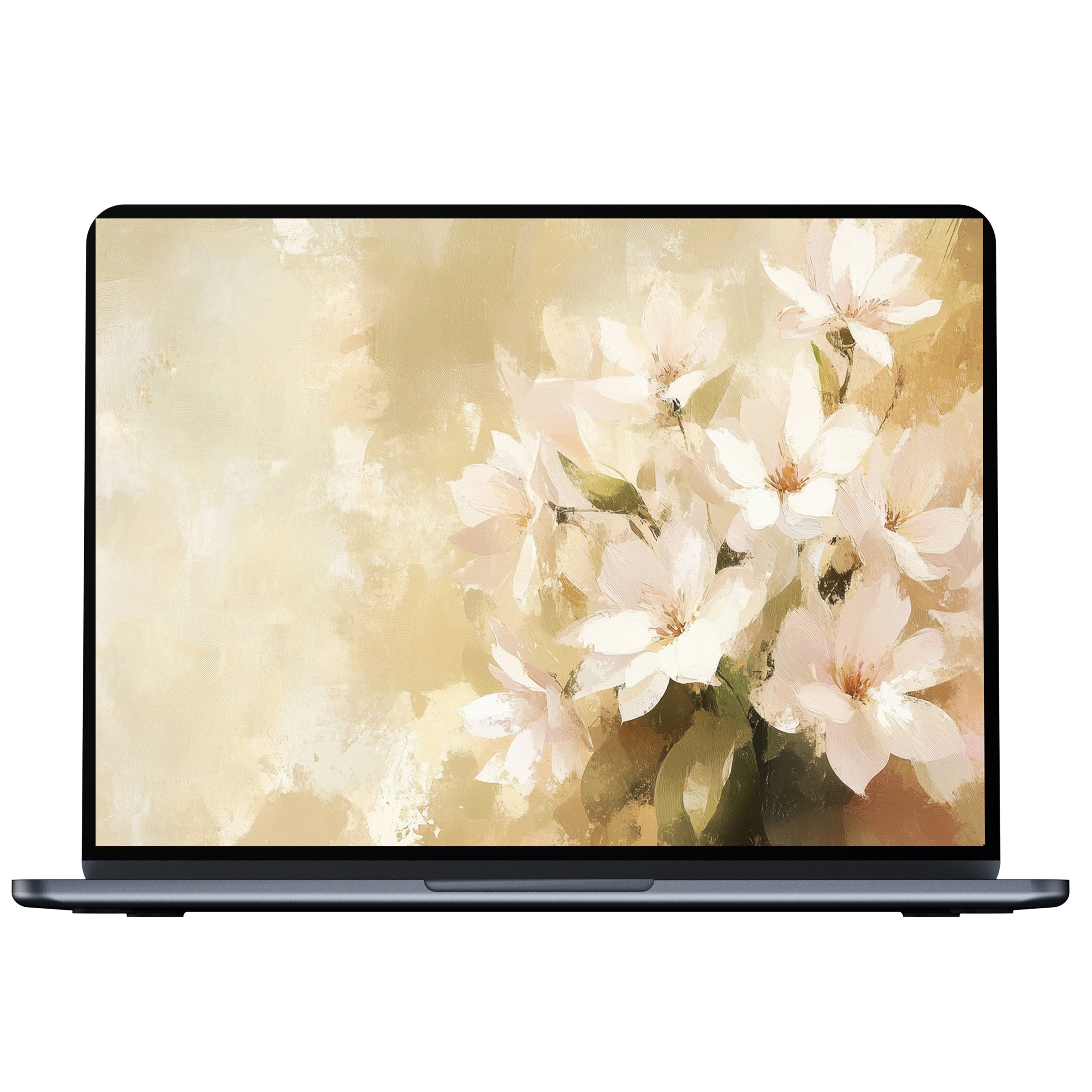Elegant farmhouse desktop wallpaper featuring serene pastel florals in brushstroke style for mindful digital download on PC, Laptop, Mac