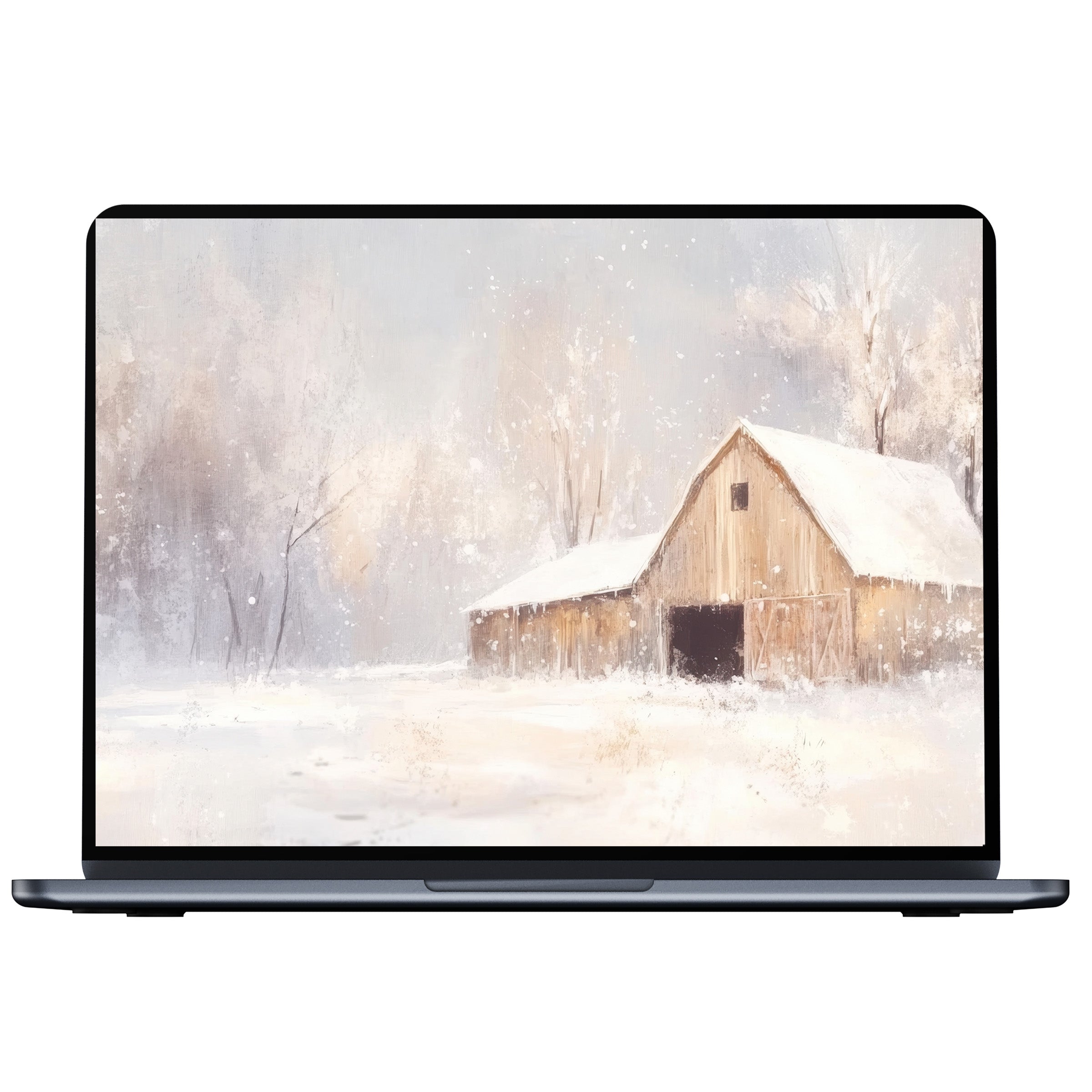 Farmhouse desktop wallpaper digital download showcases a serene snowy barn scene for PC, laptop, and Mac elegance and calm