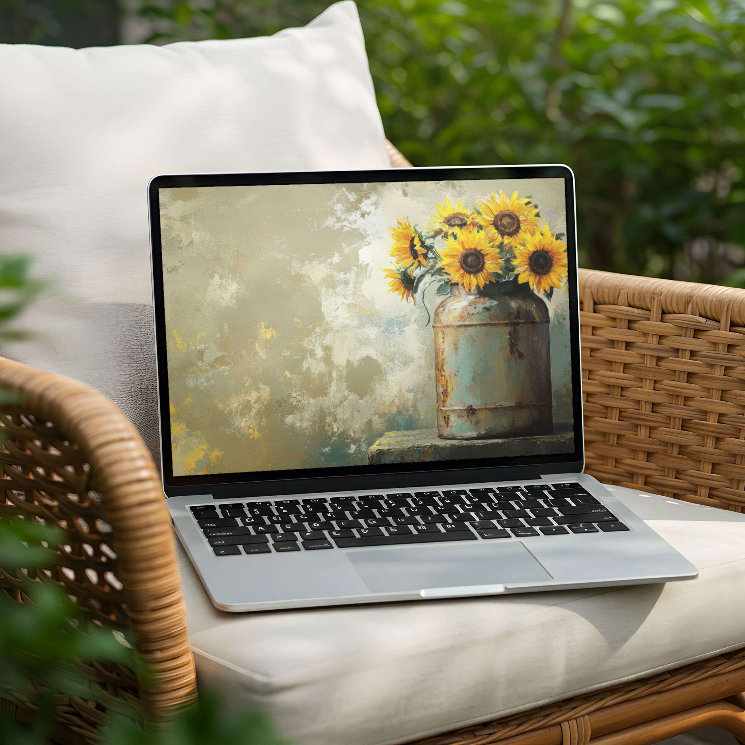 Sunflowers in rustic vase PC desktop background for laptop instant download Inspiring elegance for mindful digital spaces