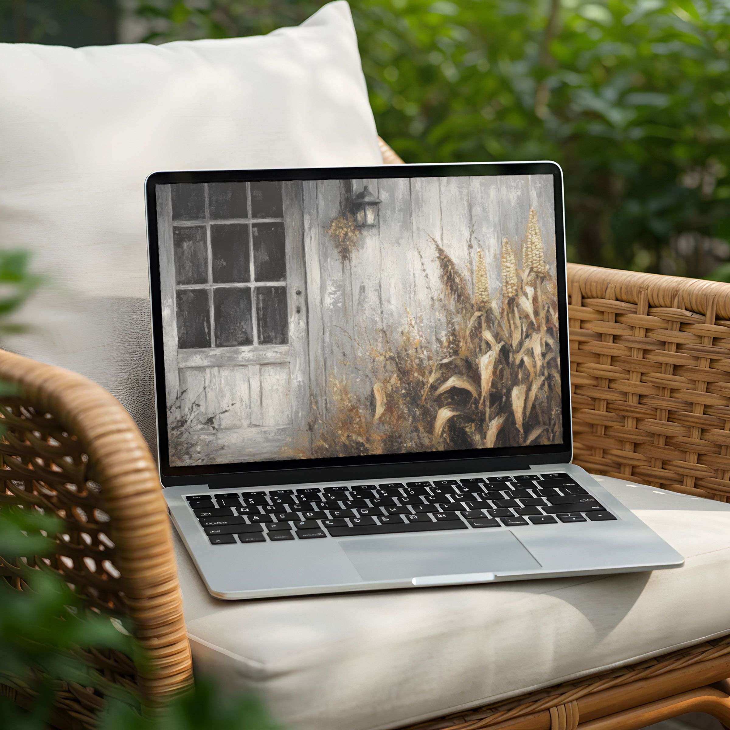 Elegant desktop background featuring rustic door and foliage, perfect for instant download to enhance PC or Laptop aura and inspiration