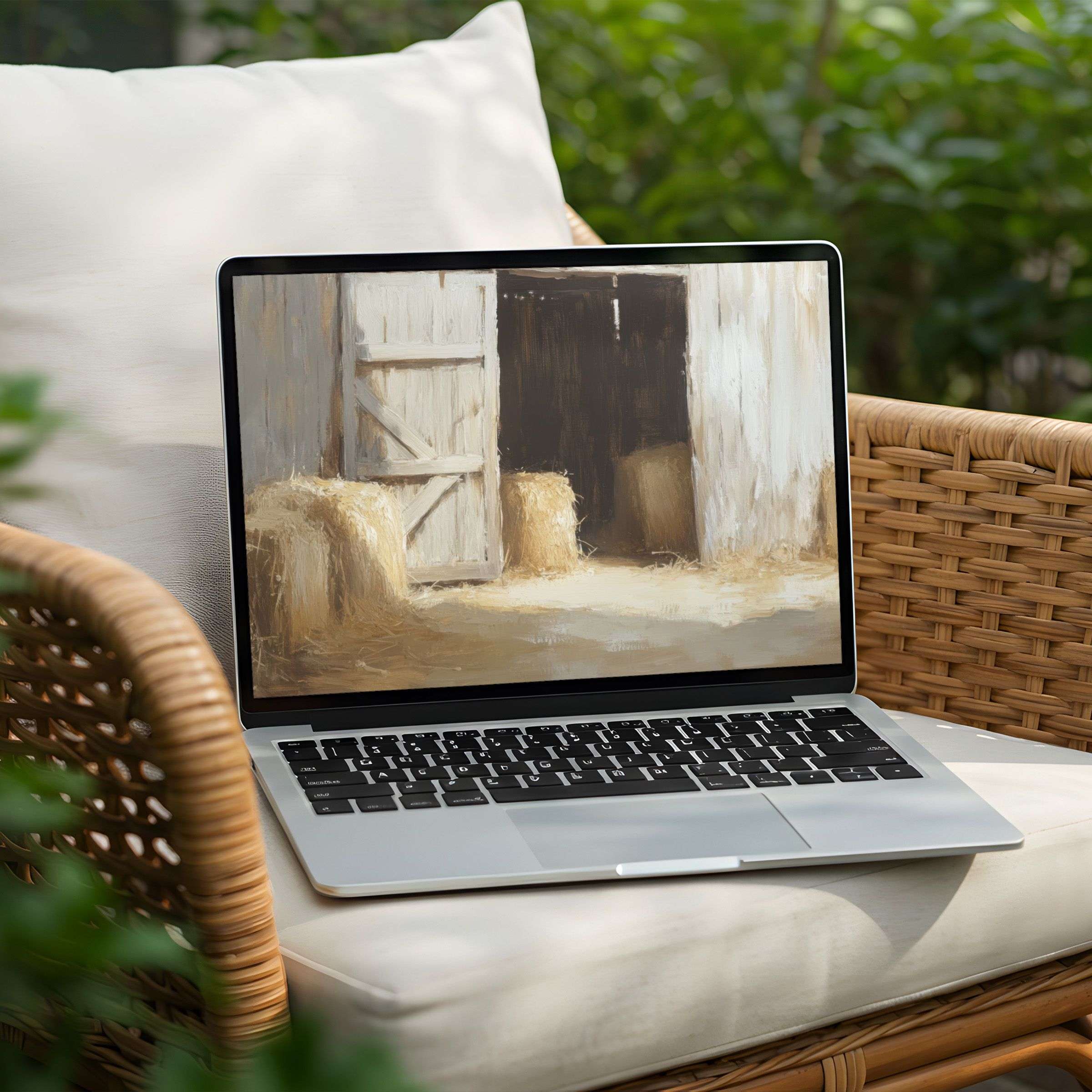 Tranquil barn painting as a desktop background for PC or Laptop bringing elegance and calm to your workspace instant download