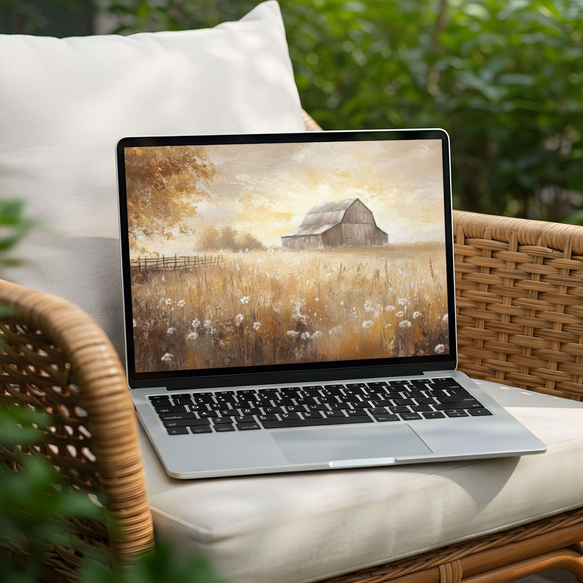 Warm, serene desktop background for PC and Laptop instant download featuring a tranquil barn scene evokes calm and inspiration