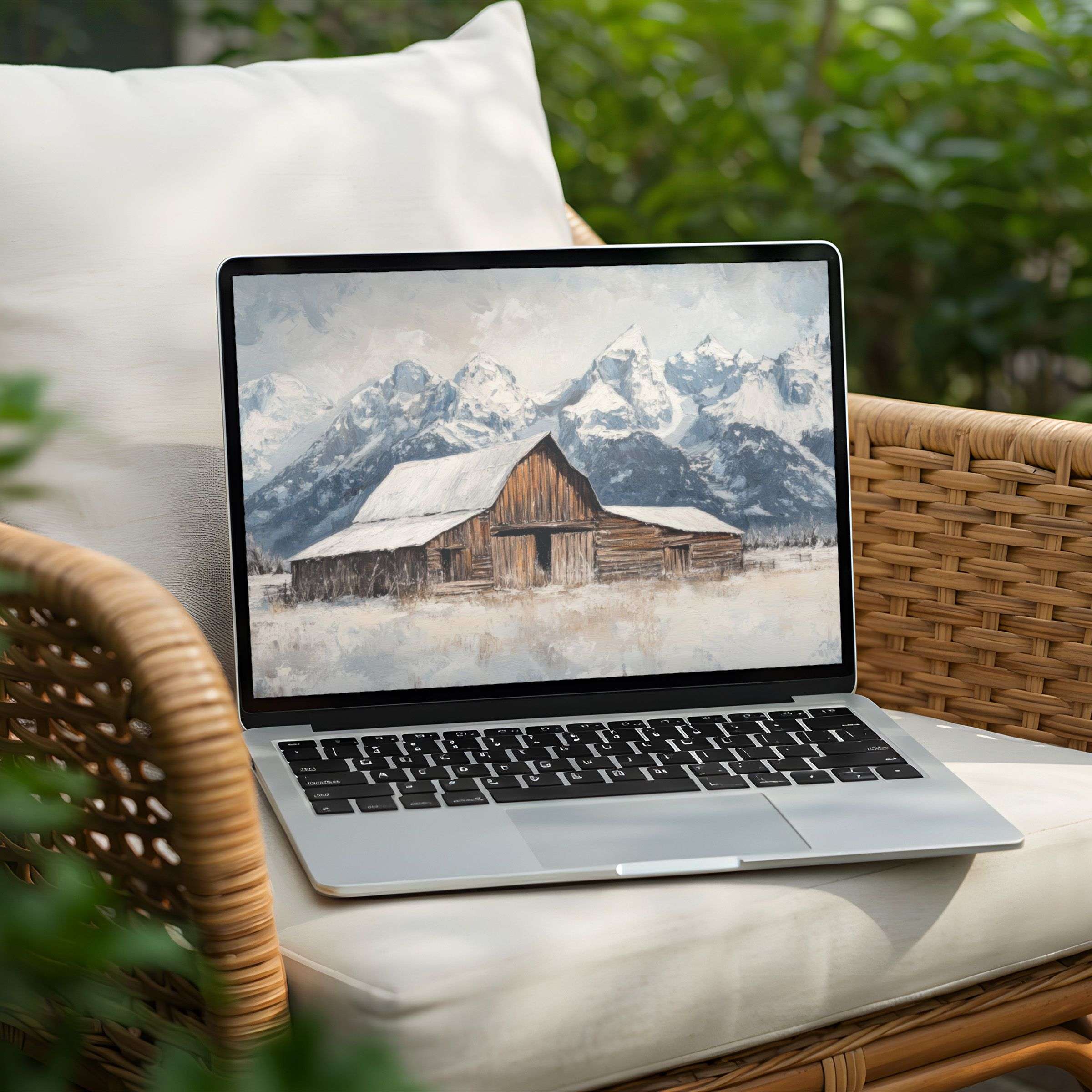 Charming rustic snowy landscape desktop background for PC or Laptop offers instant download to inspire elegance and mindful calm