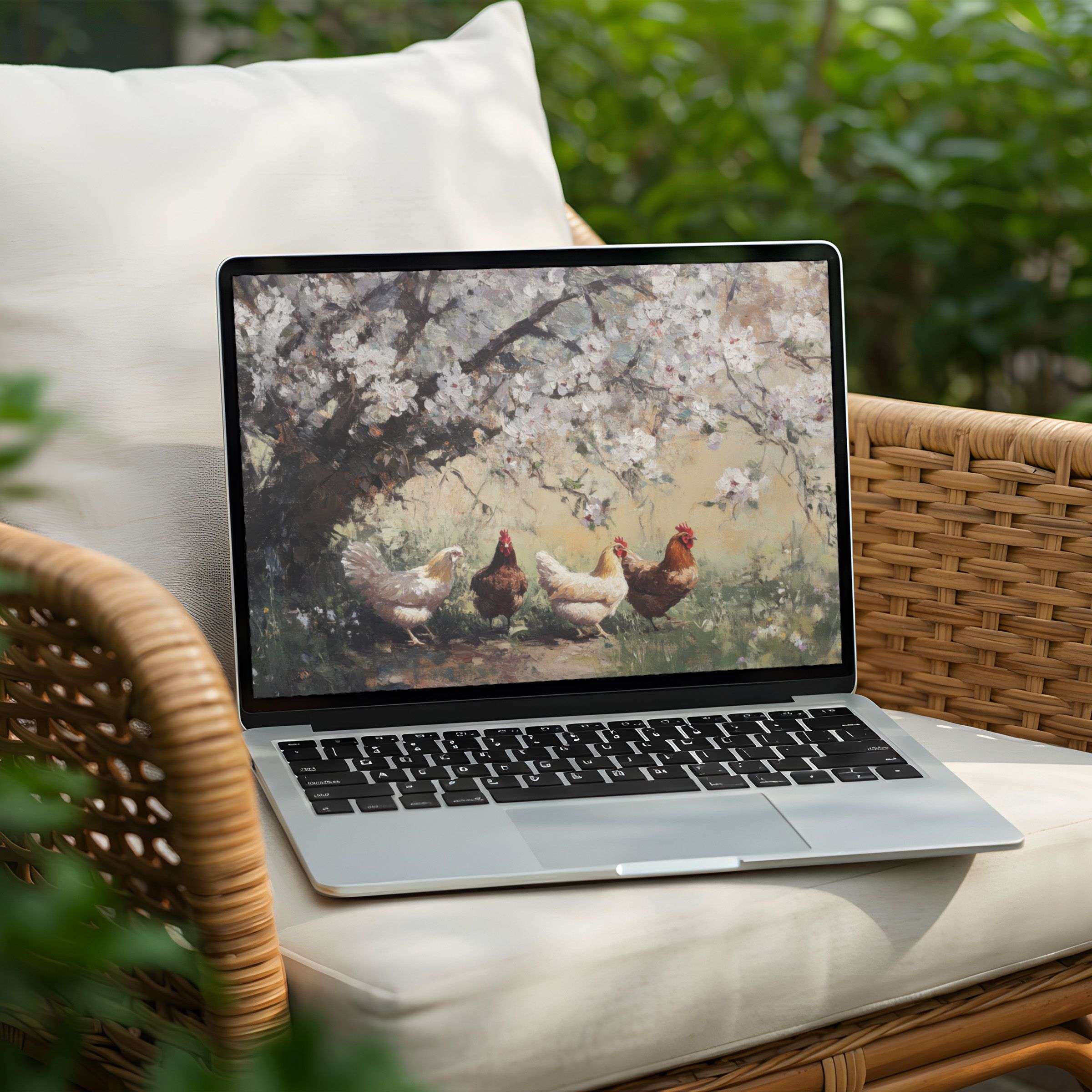 Serene desktop background featuring chickens under a blossoming tree for instant download, perfect for a PC or laptop ambiance