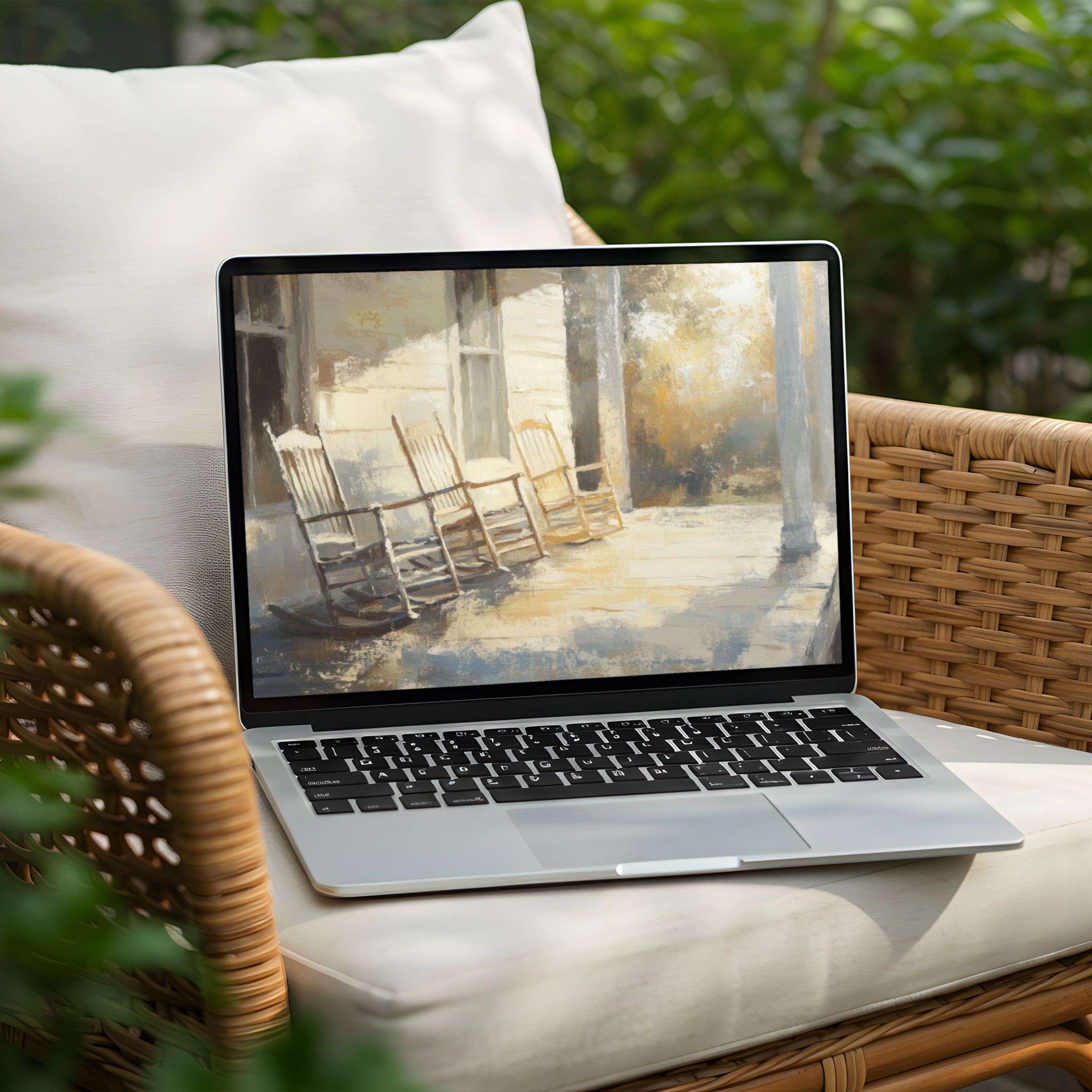 Calming desktop background for PC and Laptop with rustic porch art Instant download for elegant, mindful inspiration