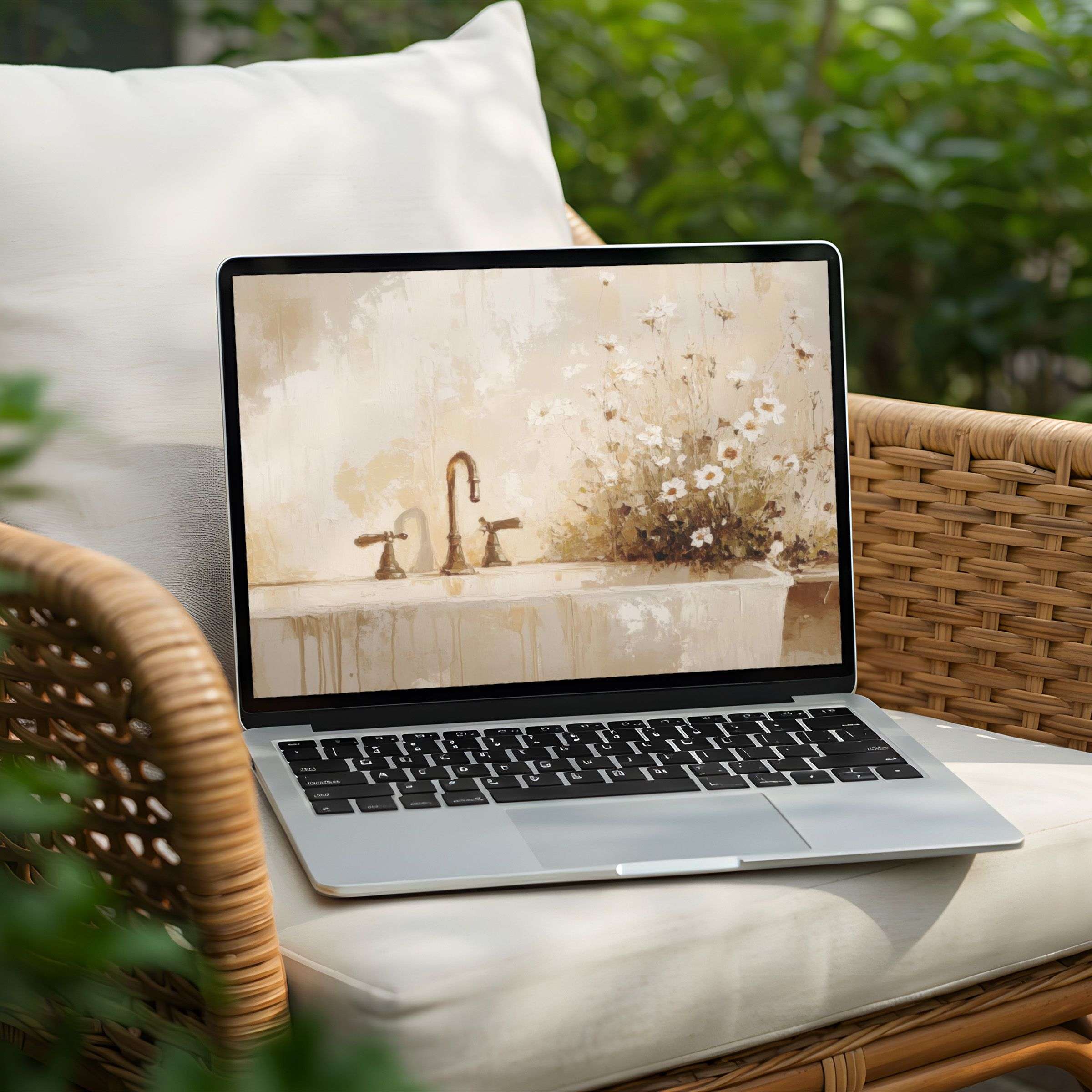 Elegant desktop background for PC or Laptop features a serene floral painting, inspiring mindfulness and calm instant download