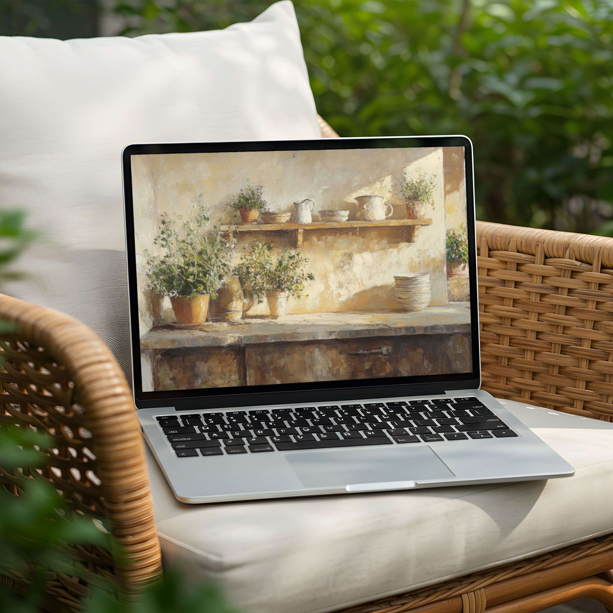 Calm your senses with this elegant desktop background for instant download on PC or Laptop featuring rustic kitchen art