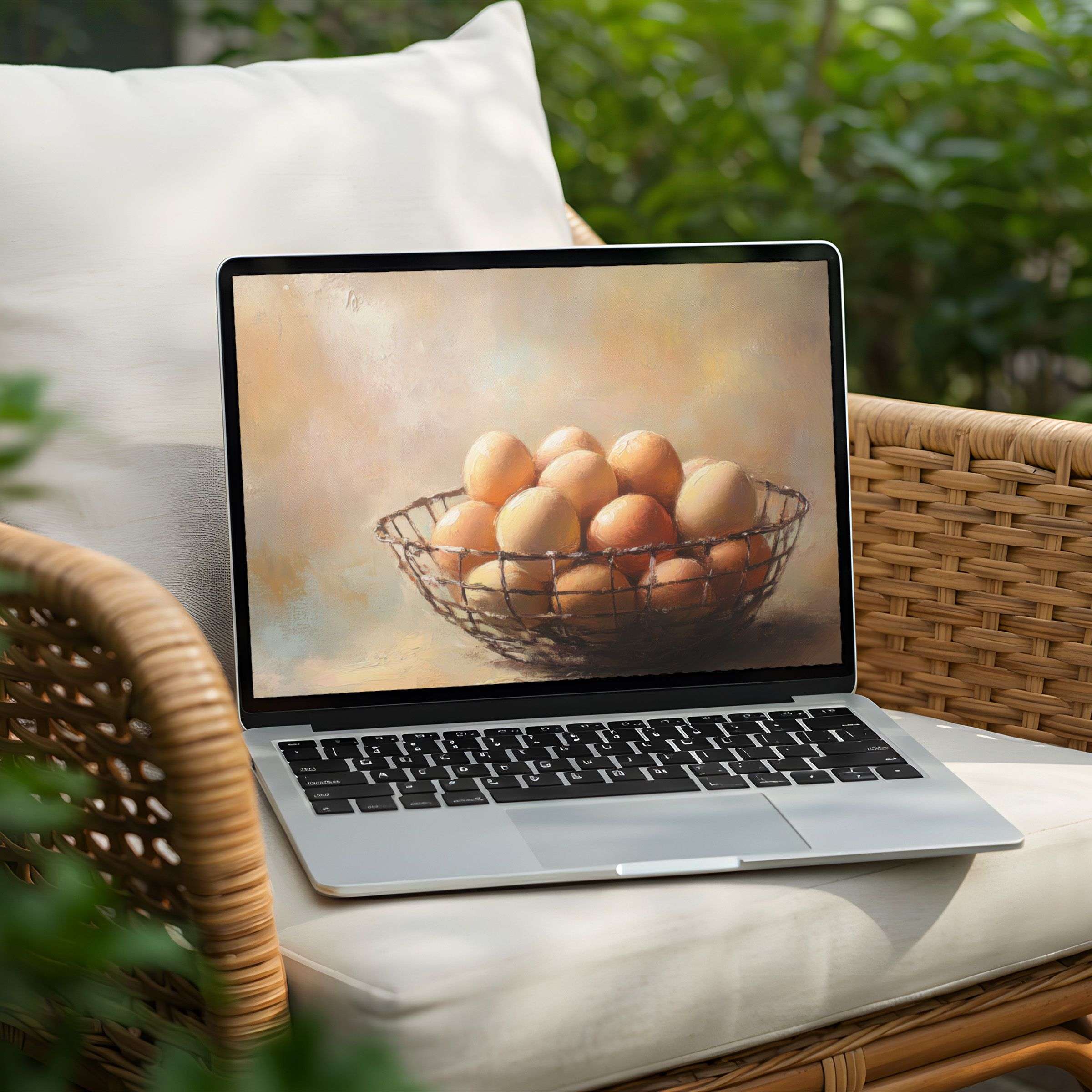 Painting of serene basket of eggs on PC, perfect desktop background for Laptop; instant download for elegant mindfulness