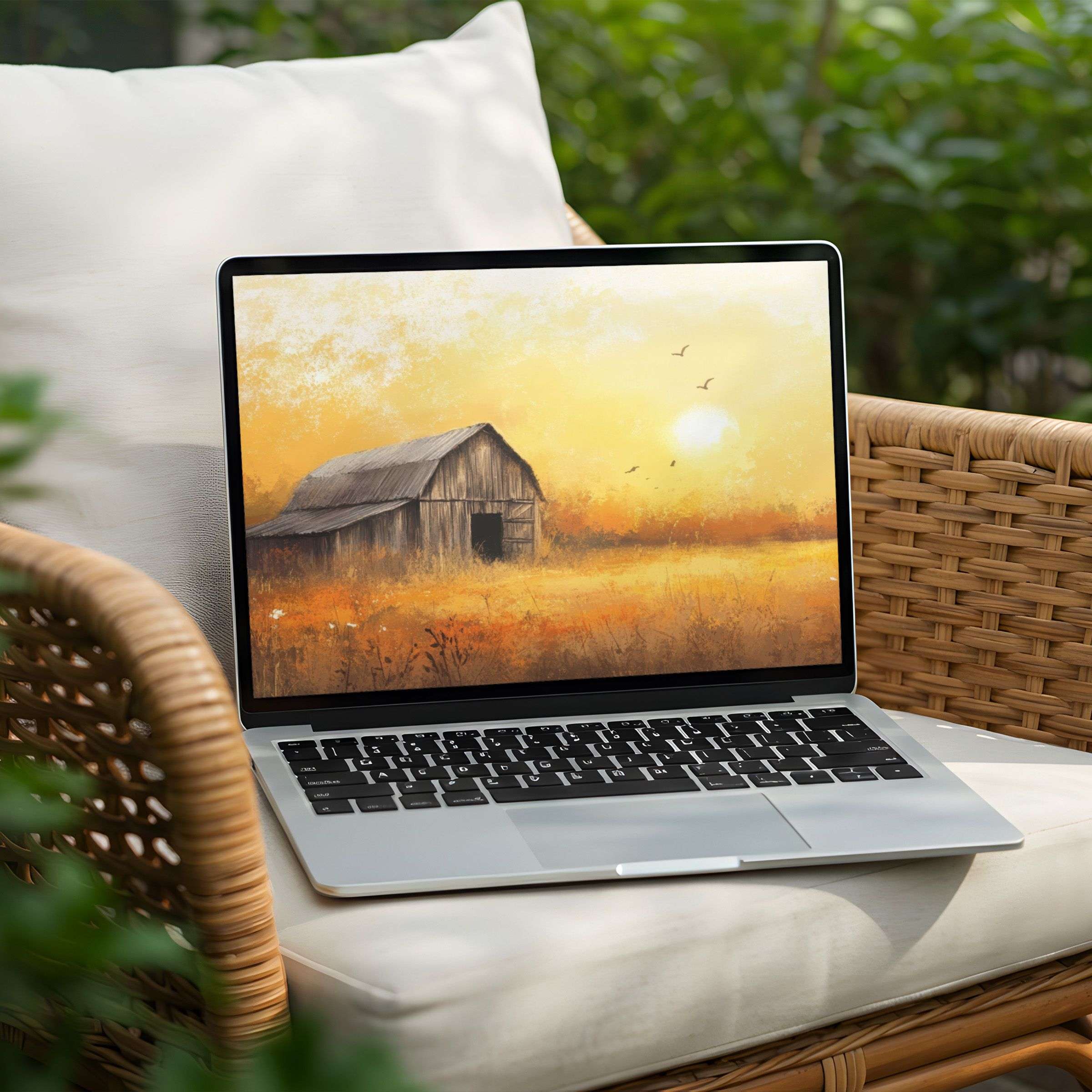 Sunlit barn desktop background for PC and Laptop instant download offering serene inspiration and calm elegance in golden hues