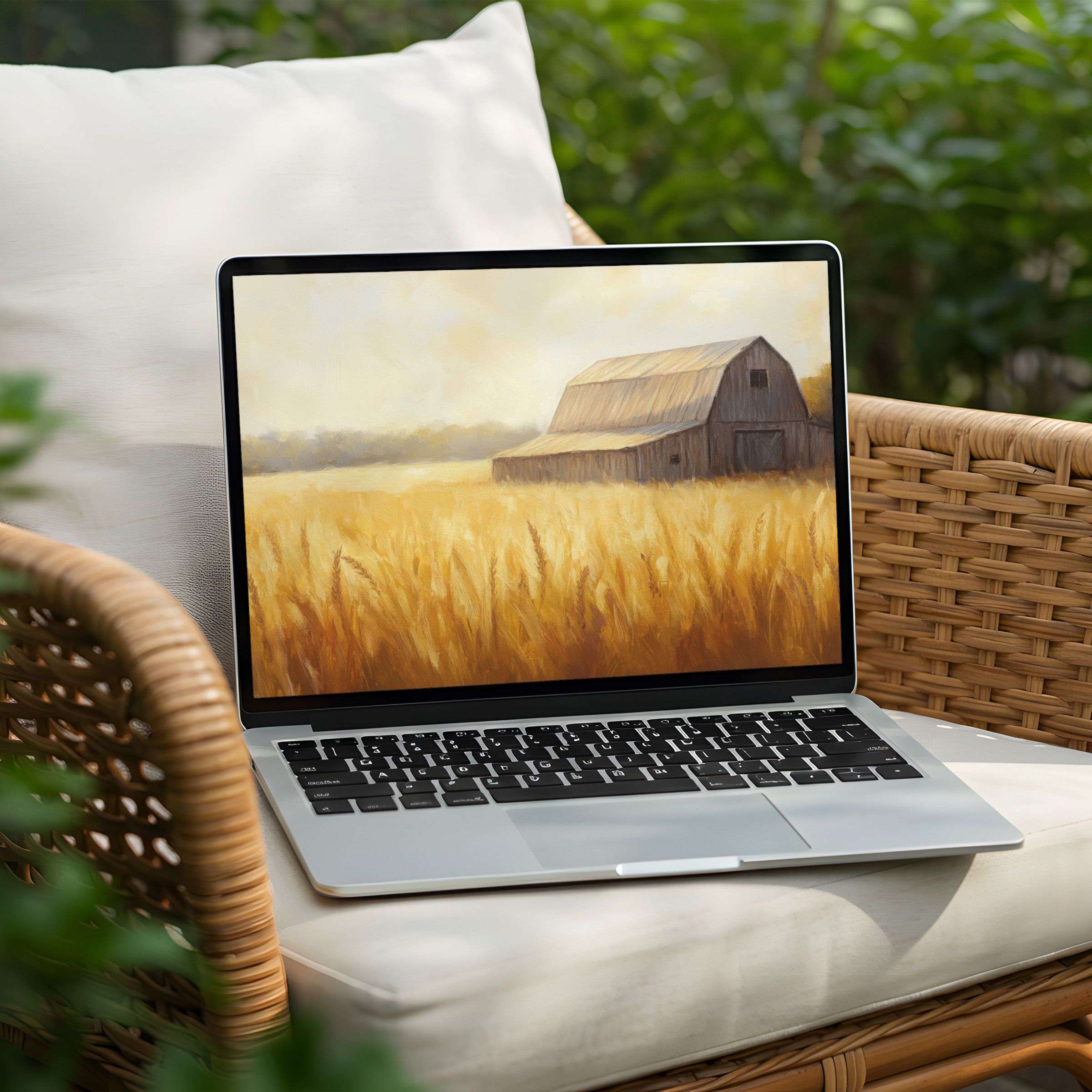 Rustic barn in a golden wheat field desktop background for PC or Laptop instant download for elegance and calm inspiration