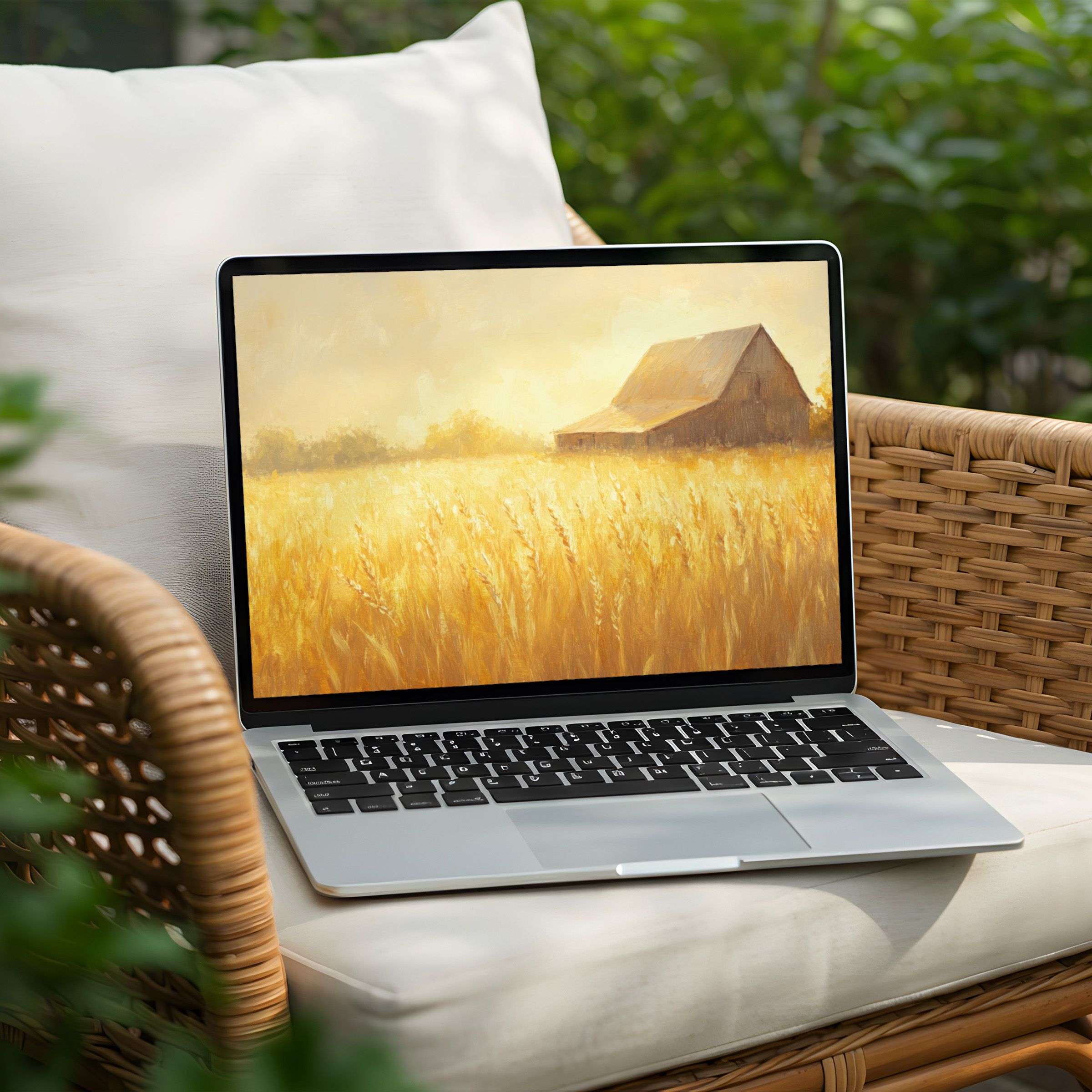 Instant download desktop background for PC or Laptop showcasing a serene wheat field painting, inspiring calm and mindfulness
