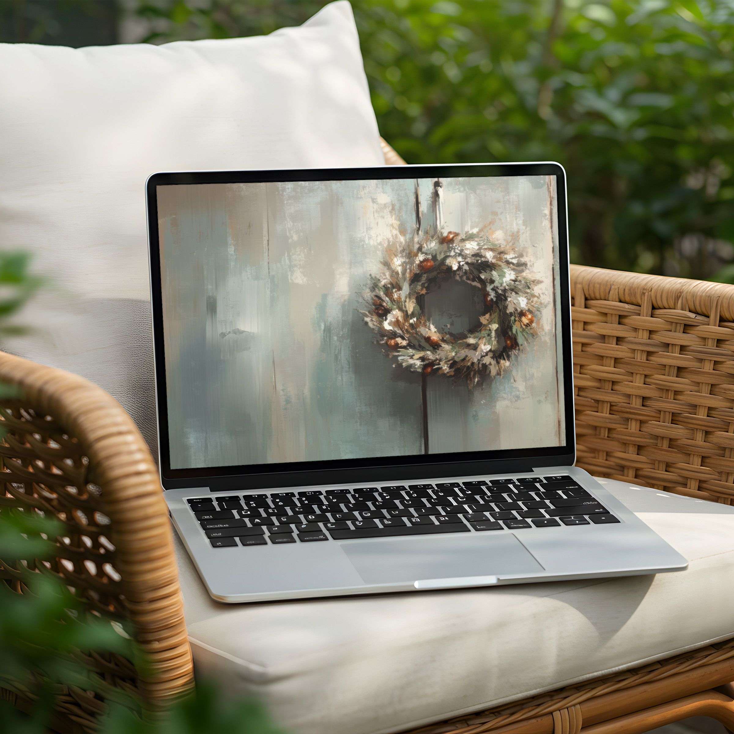 Elegant abstract desktop background showcasing a serene wreath painting for PC or Laptop, perfect for instant download and inspiration