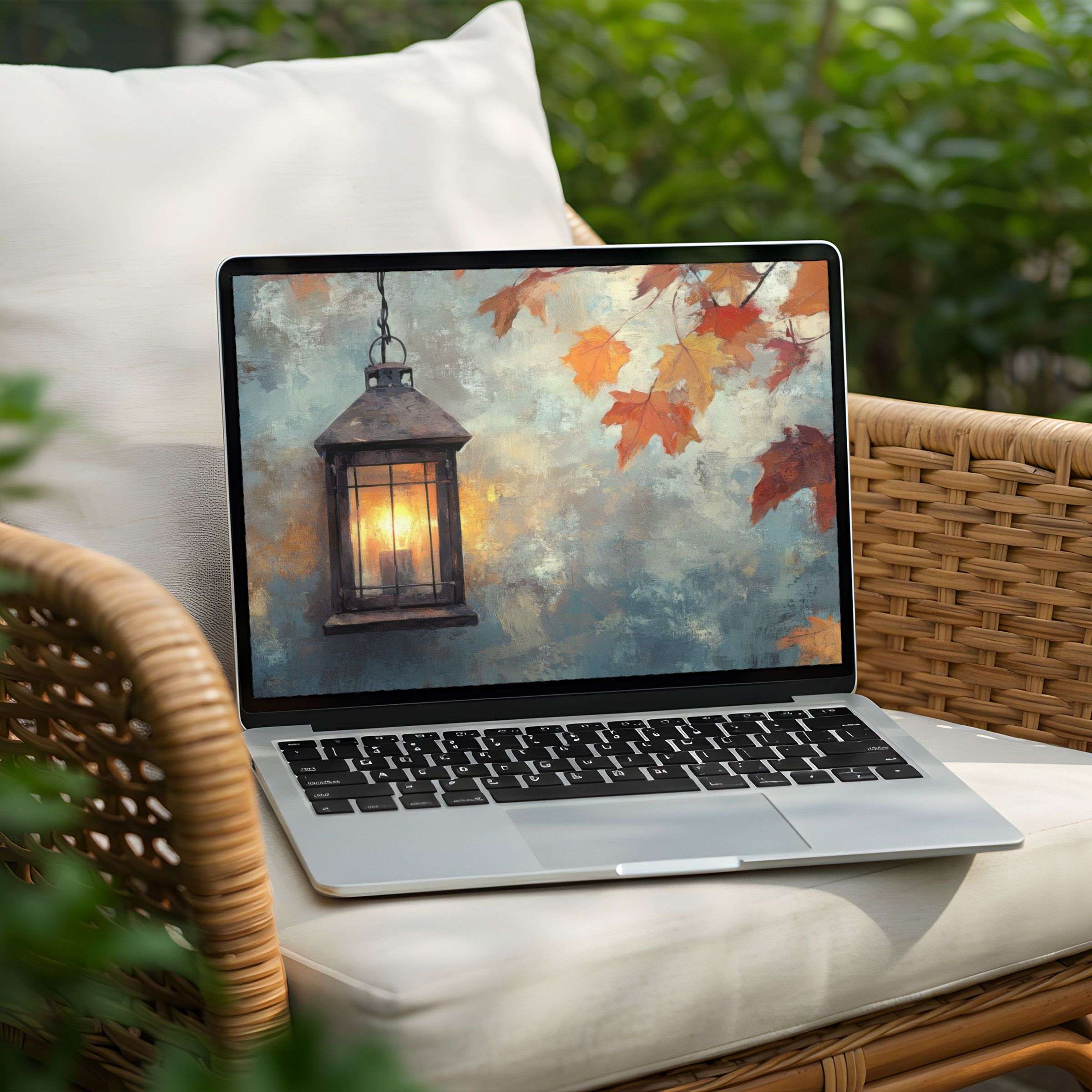 Elegant desktop background for instant download on PC and Laptop, featuring autumn leaves and lantern art for mindful inspiration
