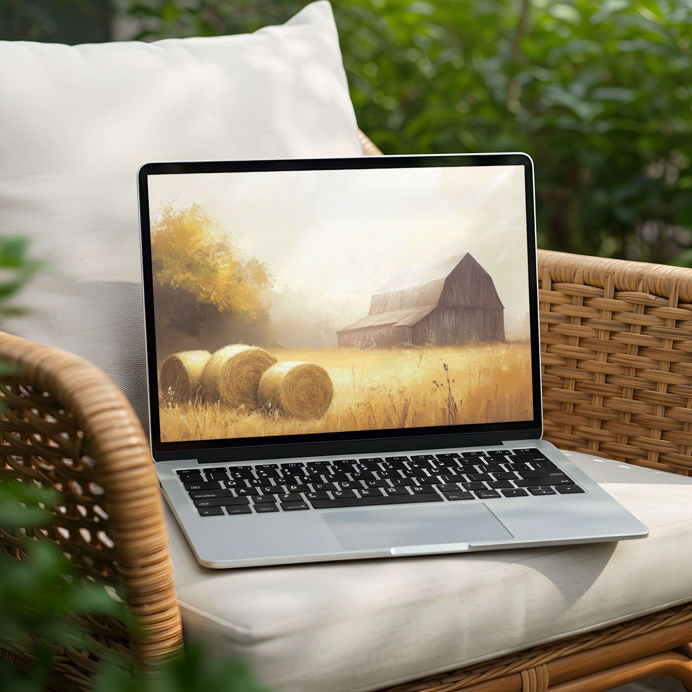 Inspire mindfulness with this serene barn and hayfield desktop background for PC and Laptop instant download for elegance