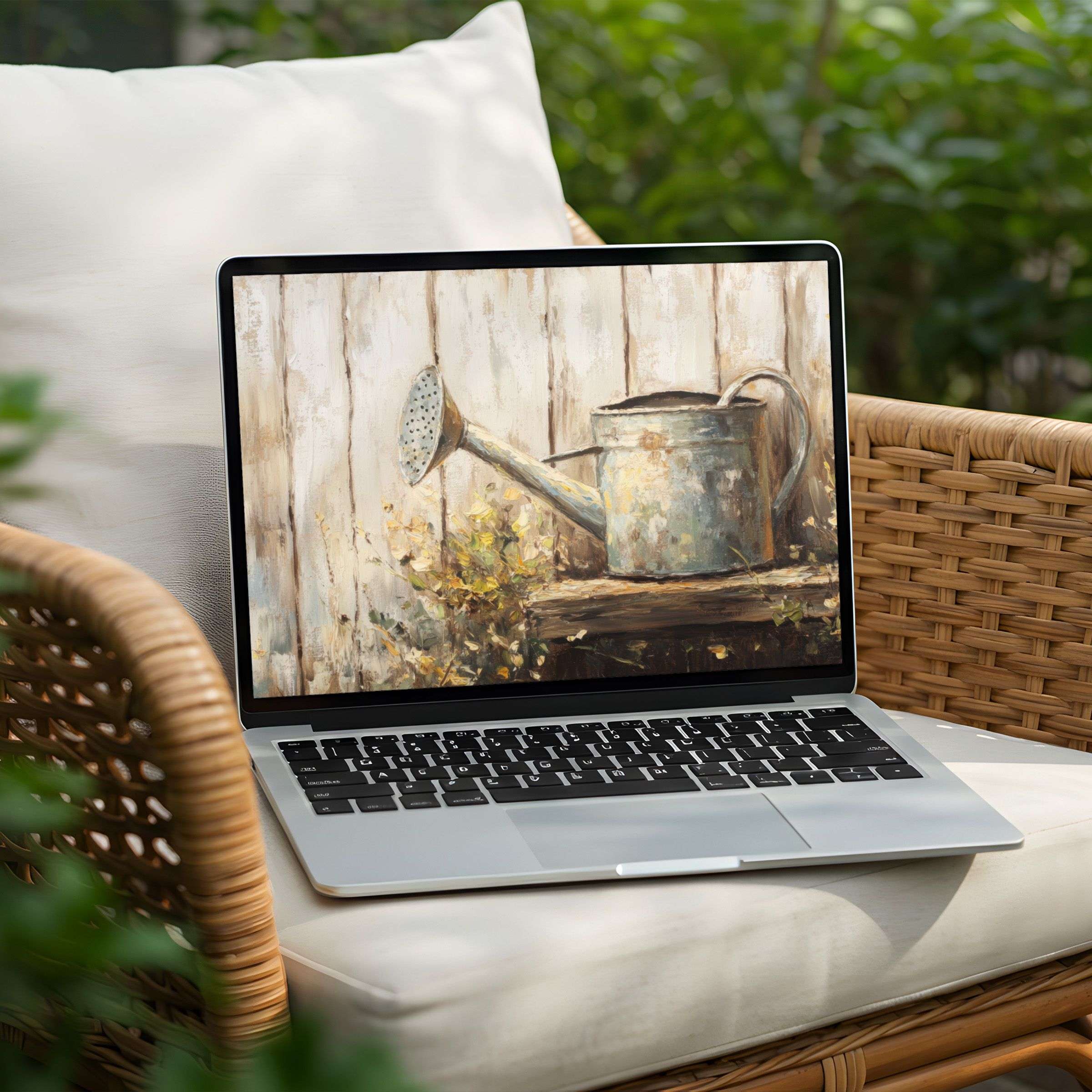 Elegant digital desktop background with rustic watering can art, perfect for PC or Laptop instant download to inspire calm mindfulness