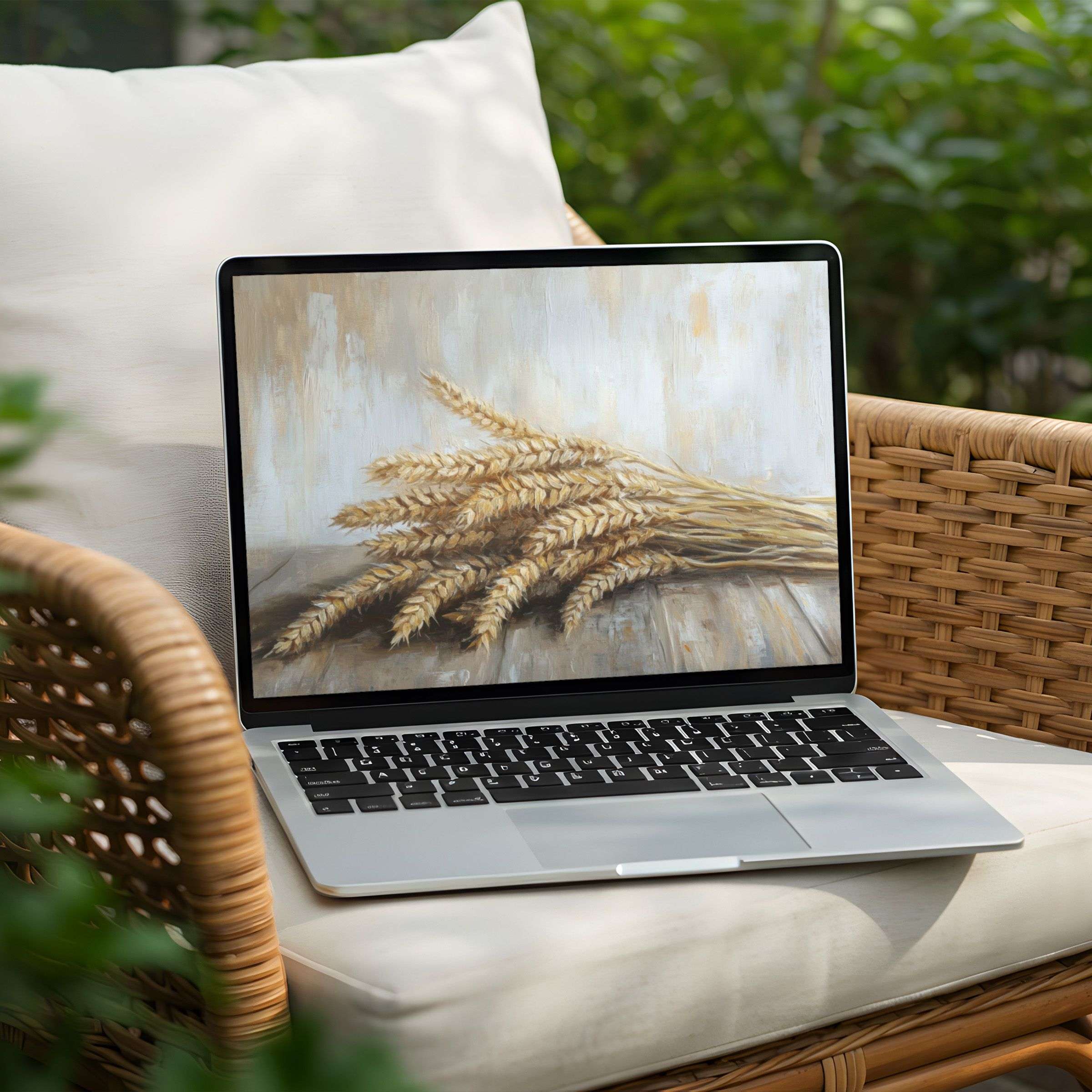 "Laptop displaying serene wheat art desktop background for PC, offering instant download to inspire calm and mindful elegance"