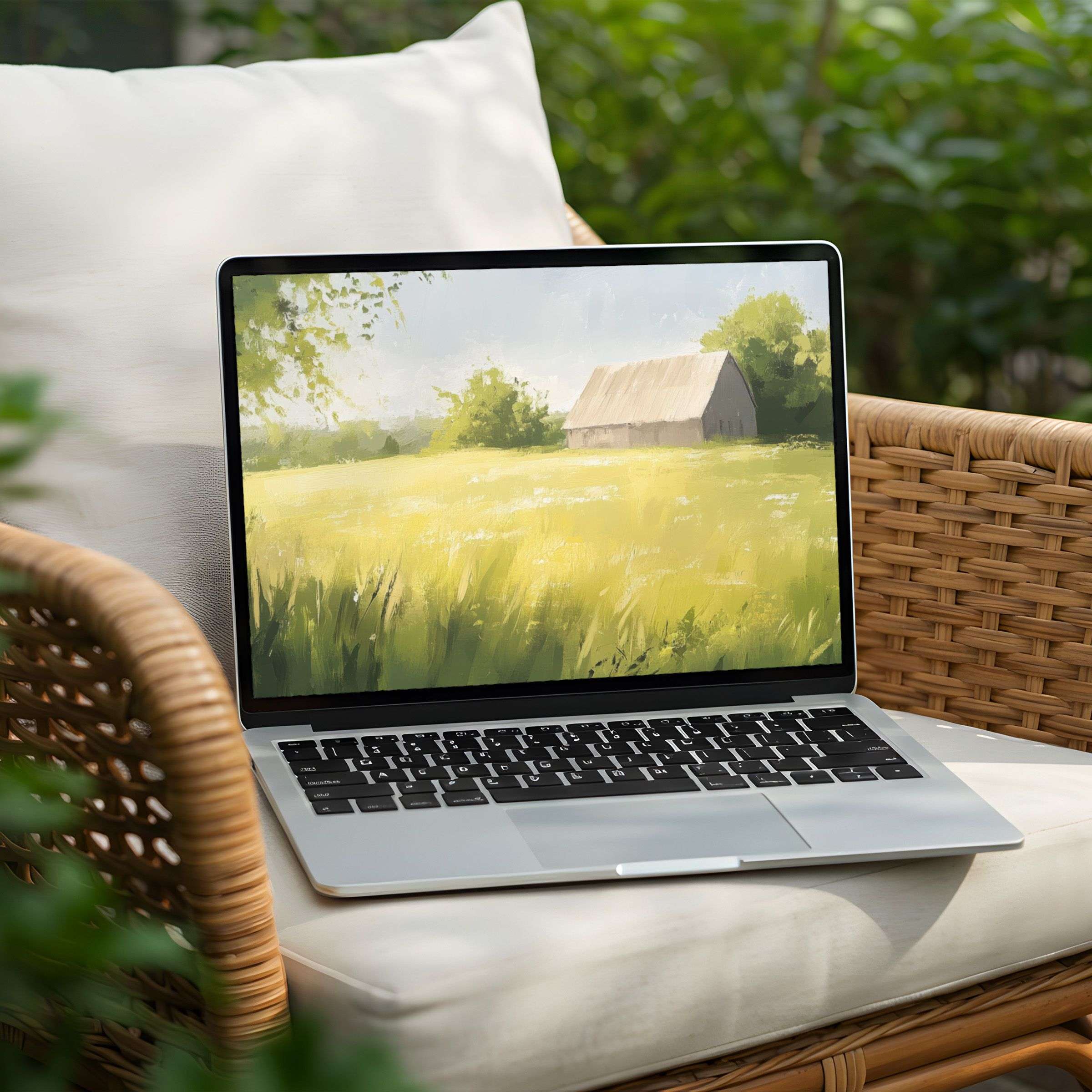 Serene digital art of a sunny field with a barn as a desktop background for PC or Laptop instant download for inspiration