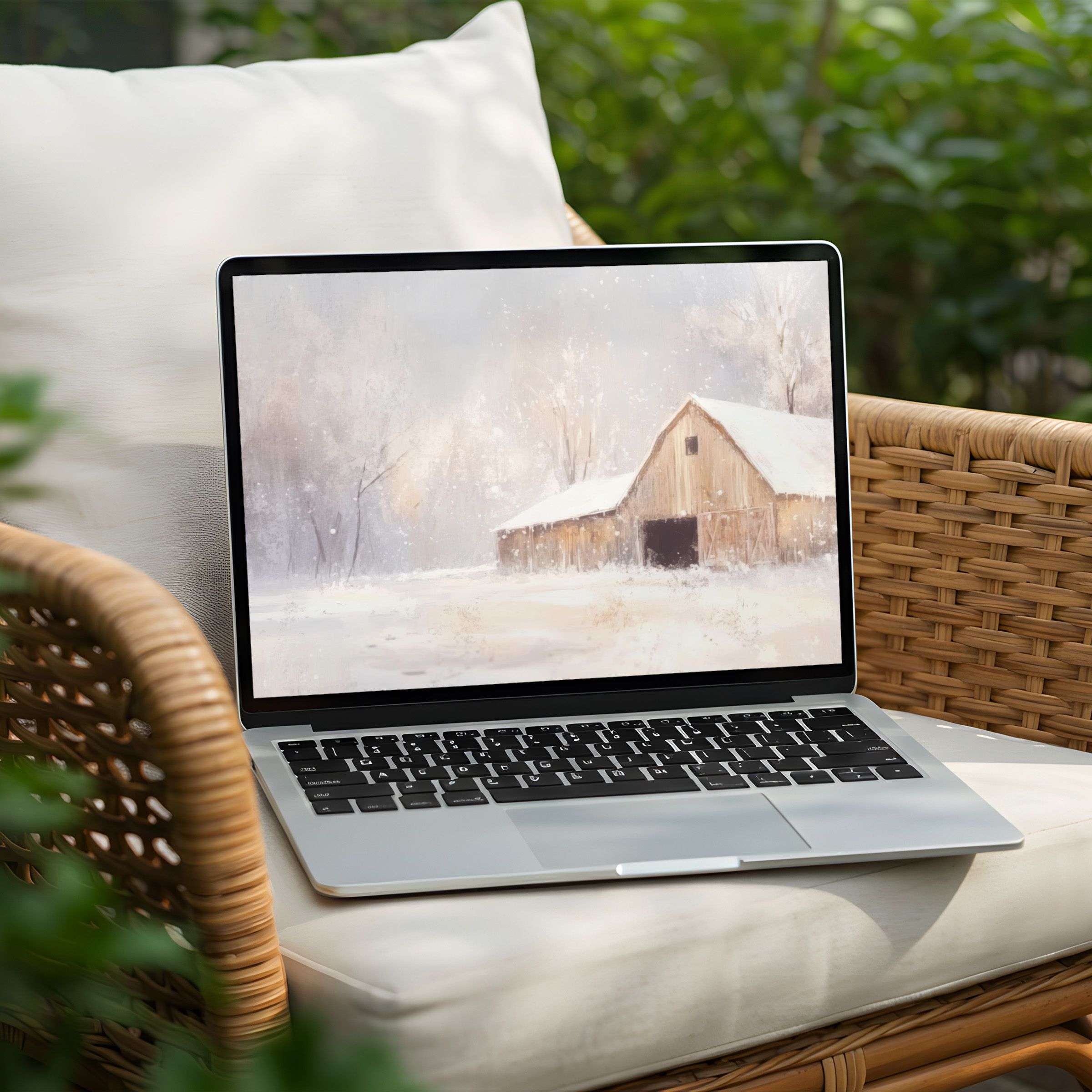 Serene winter barn painting desktop background for PC or Laptop instant download evokes calm and elegance for mindful design