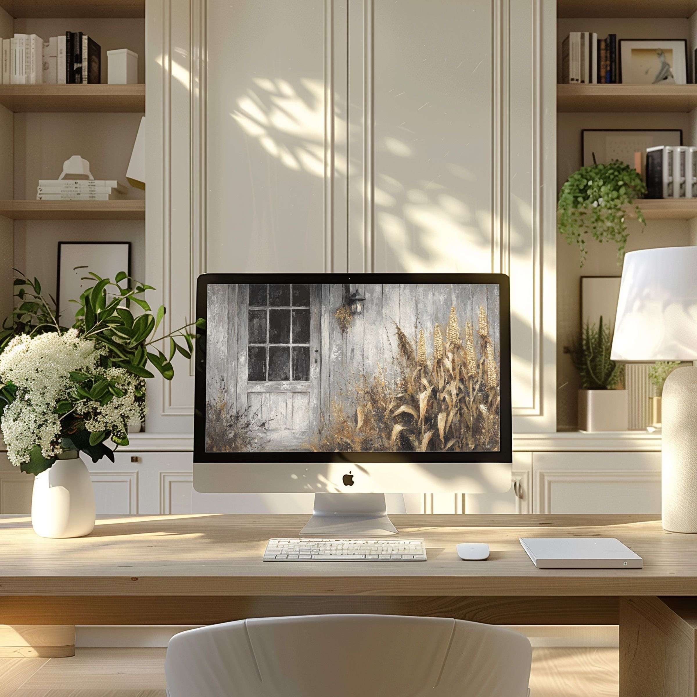 Elegant digital art of a serene rustic door in earth tones, perfect wallpaper for computer, PC, and laptop, inspiring modern home office