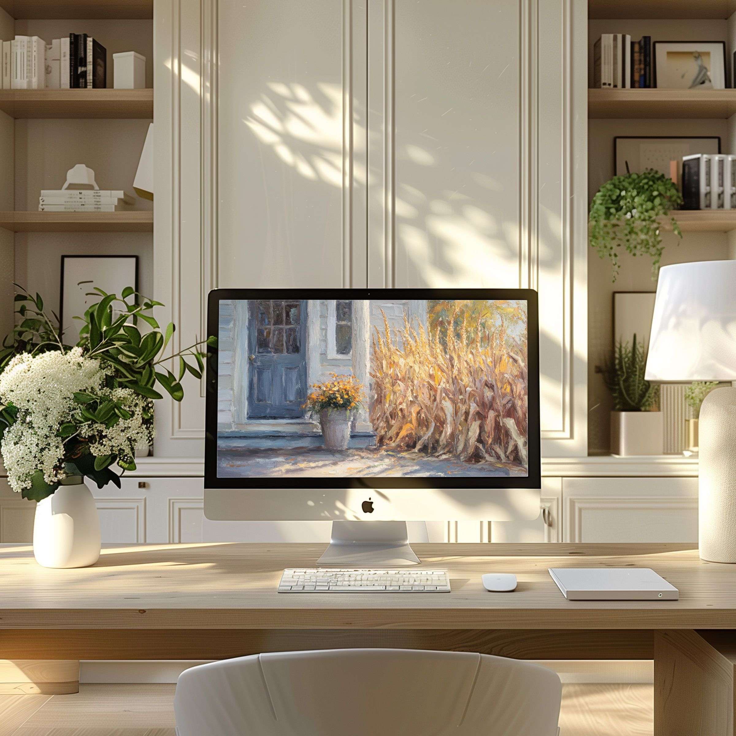 Inspiring wallpaper for computer with a serene countryside art scene on PC in a modern home office, perfect for laptop download