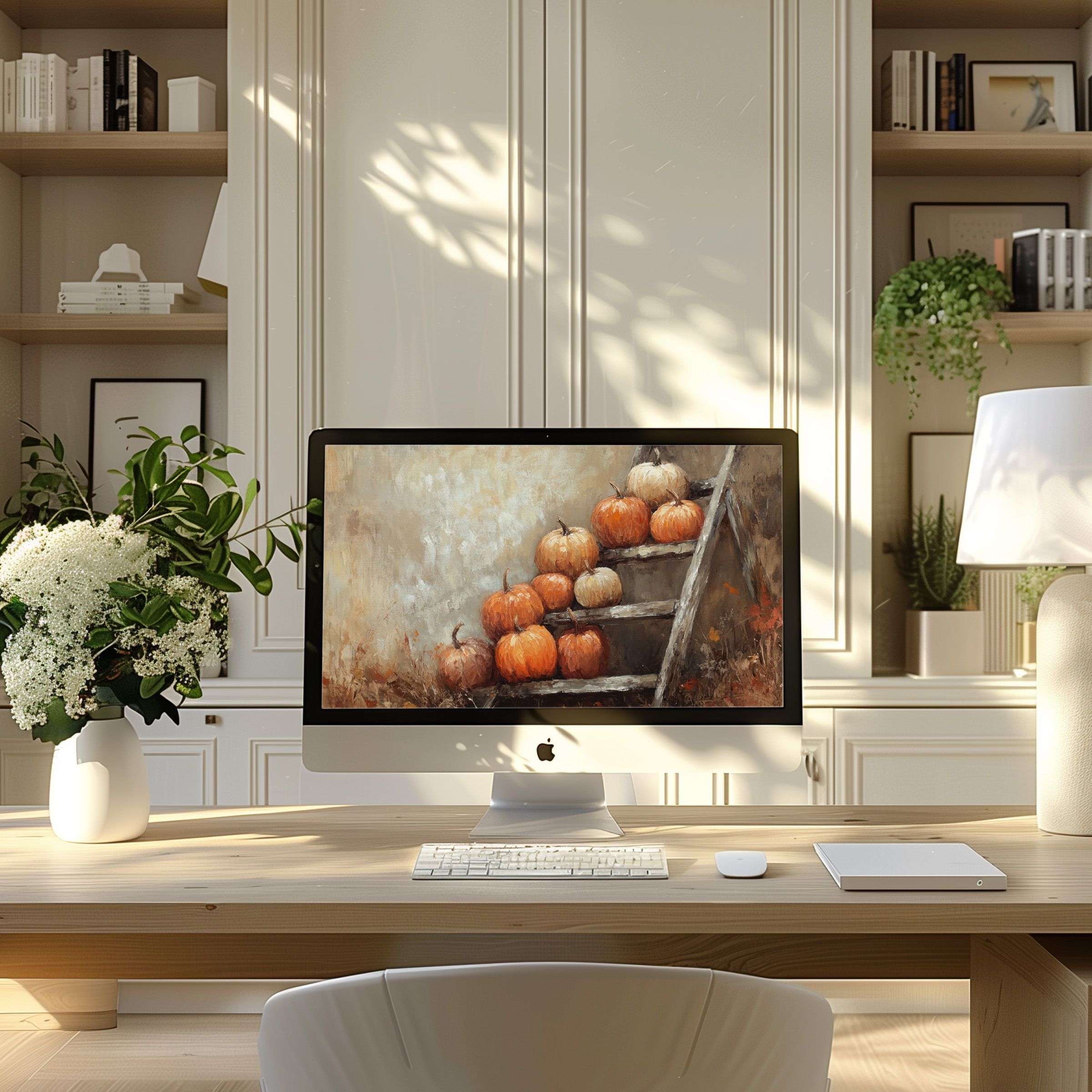 Elegant autumnal art creates calm in your modern home office; perfect wallpaper for computer, PC, and Laptop screens