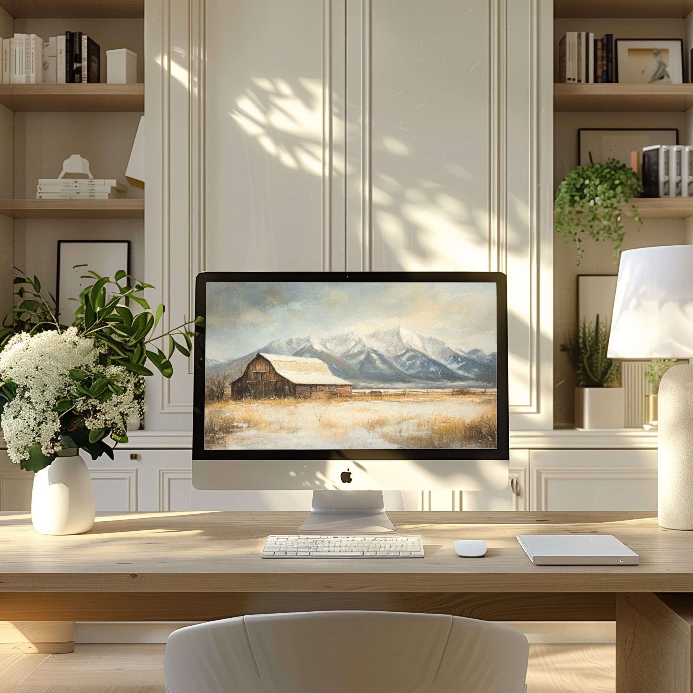 Elegant mountain barn artwork as wallpaper for computer PC or Laptop inspiring calm in a modern home office setting