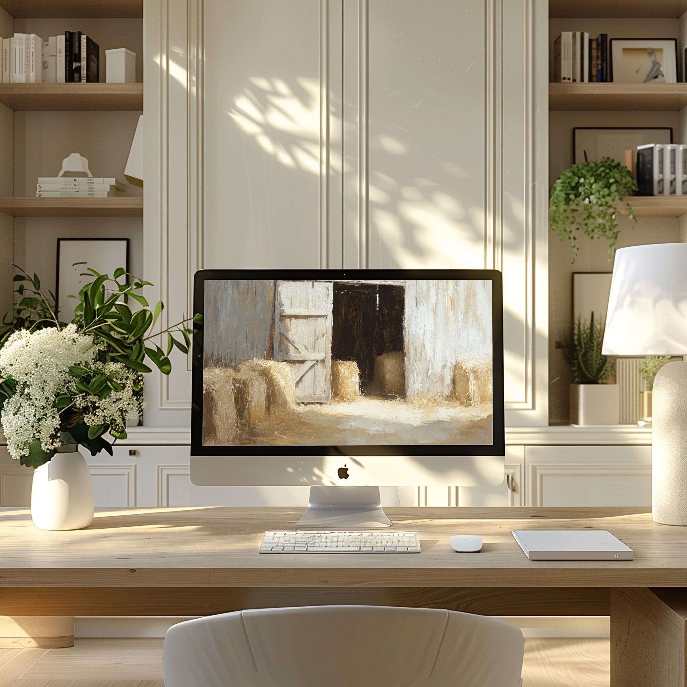 Inspiring barn motif wallpaper for computer elevates any modern PC or laptop home office with calm elegance and sustainable style