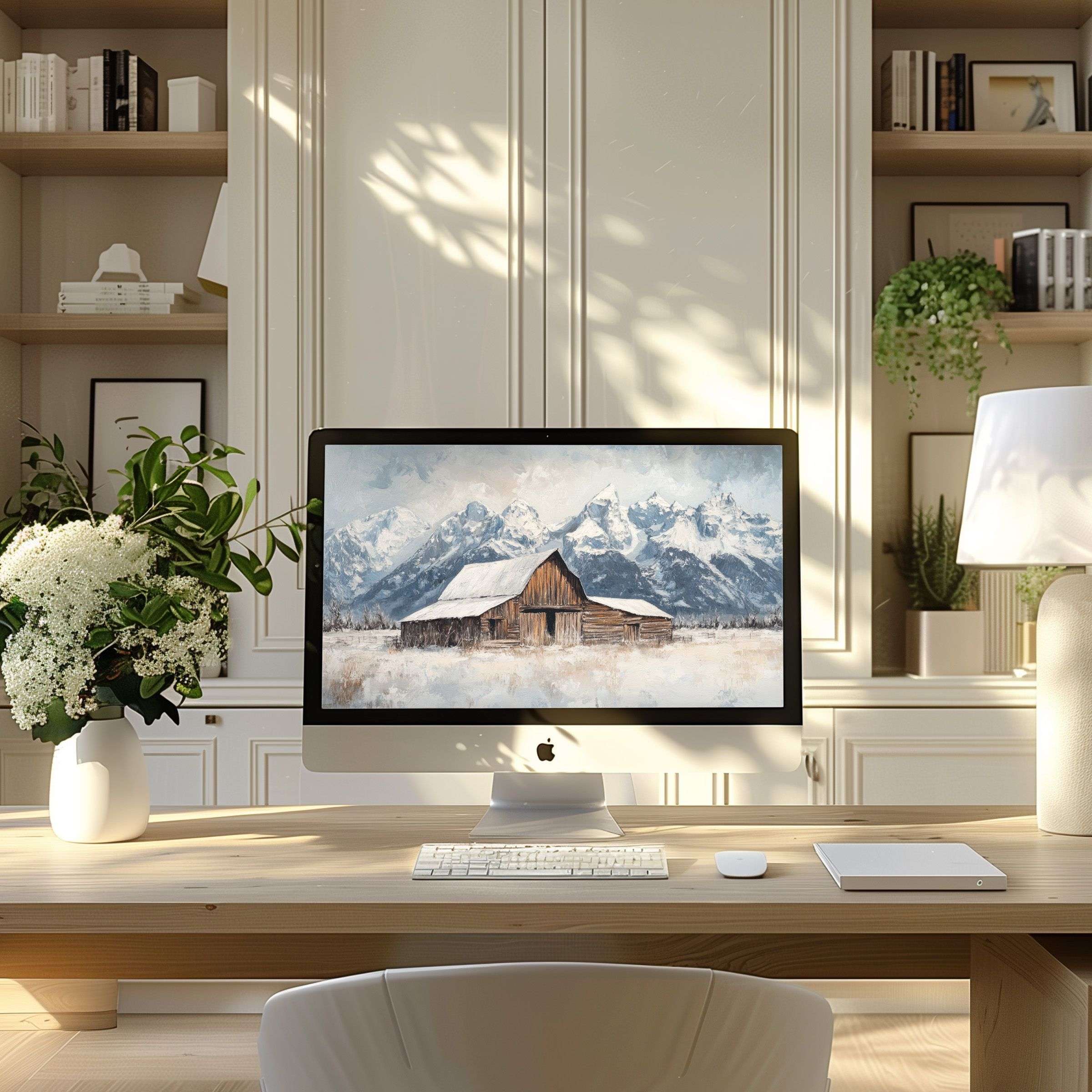 Inspiring snow-capped mountain art as wallpaper for computer in an elegant modern office fits PC, laptop, ultrawide calm ambiance