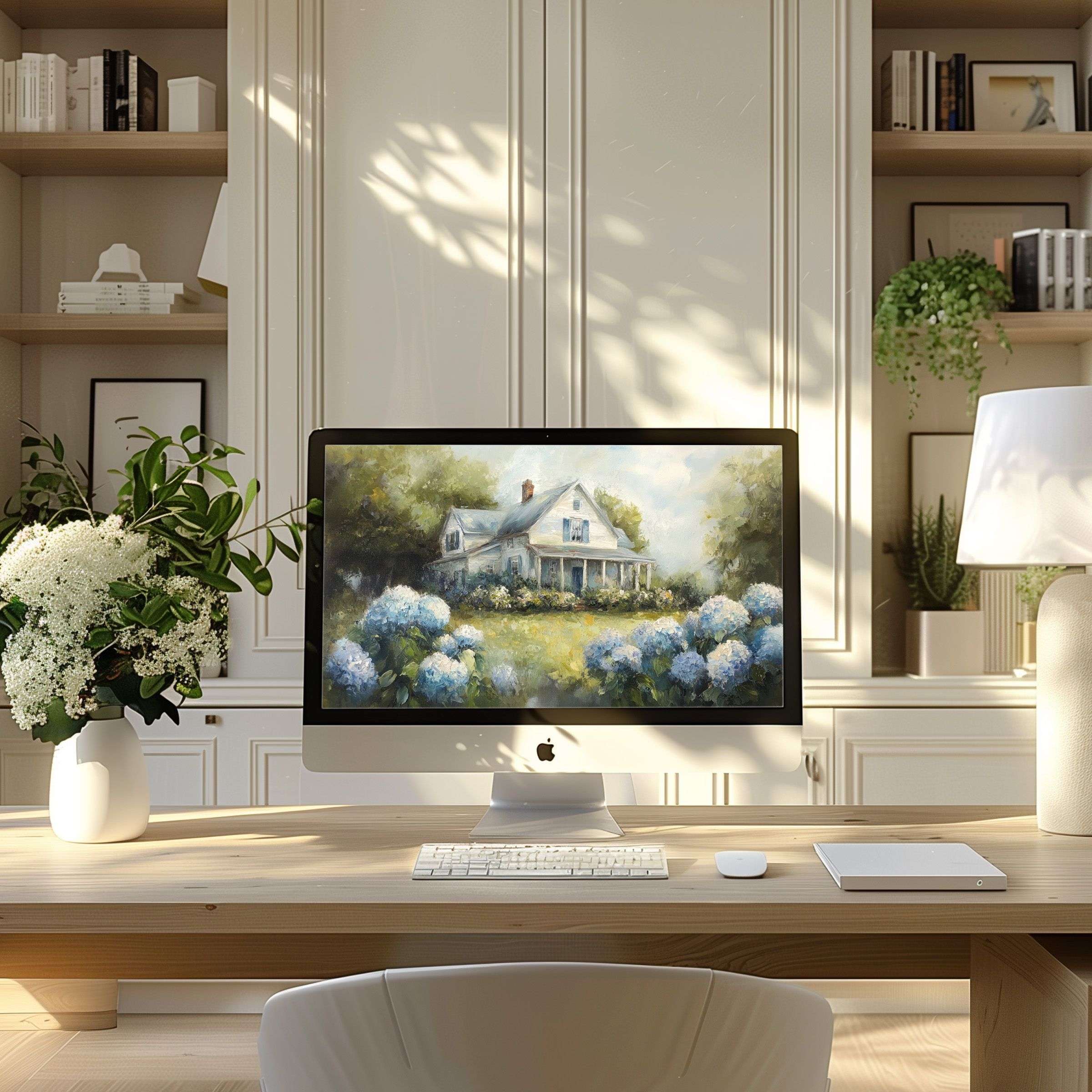 Elegant digital painting of a serene cottage landscape as wallpaper for computer in a modern home office setting for PC or laptop