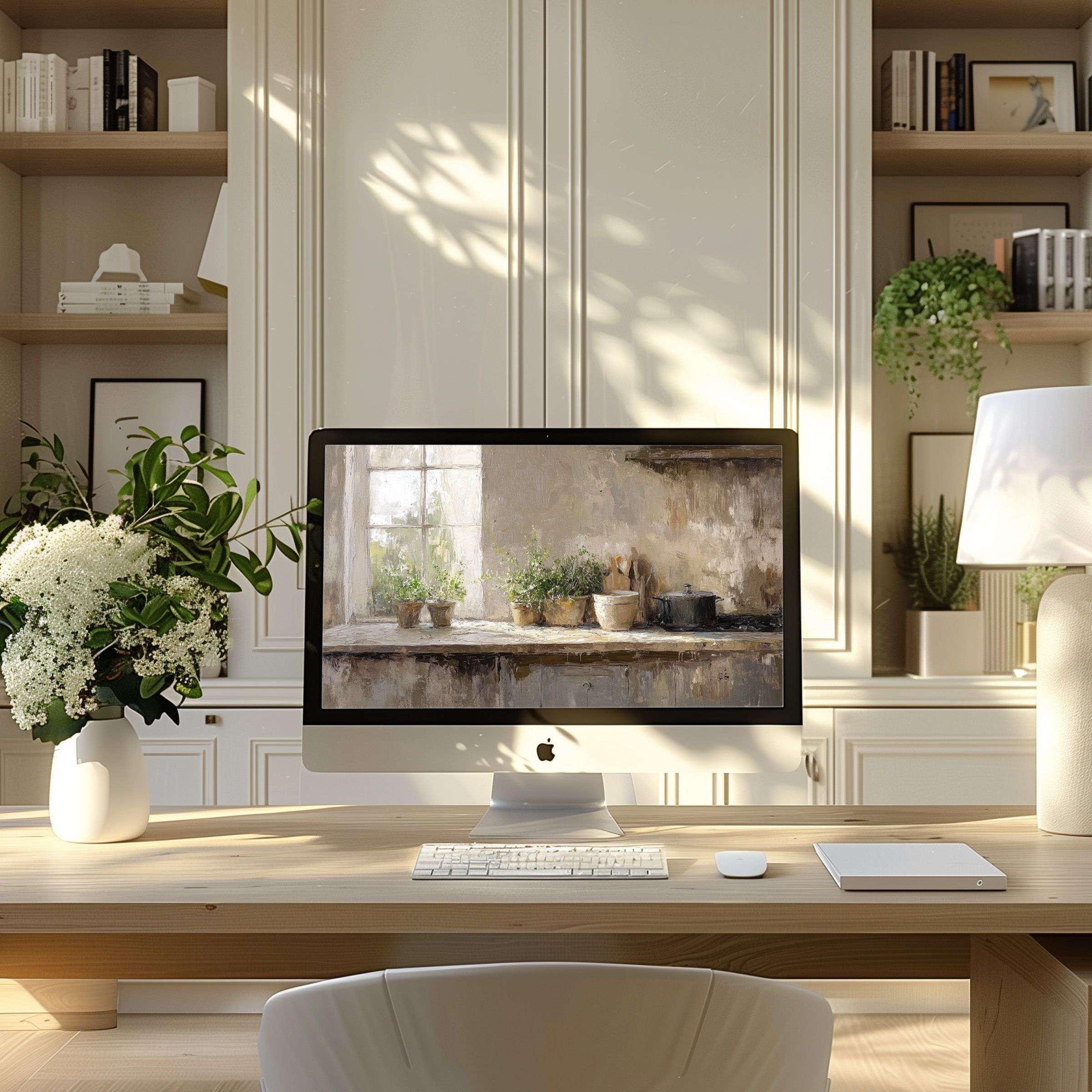 Elegant wallpaper for computer, PC, and laptop in a serene, modern home office, offering calm inspiration and a digital download